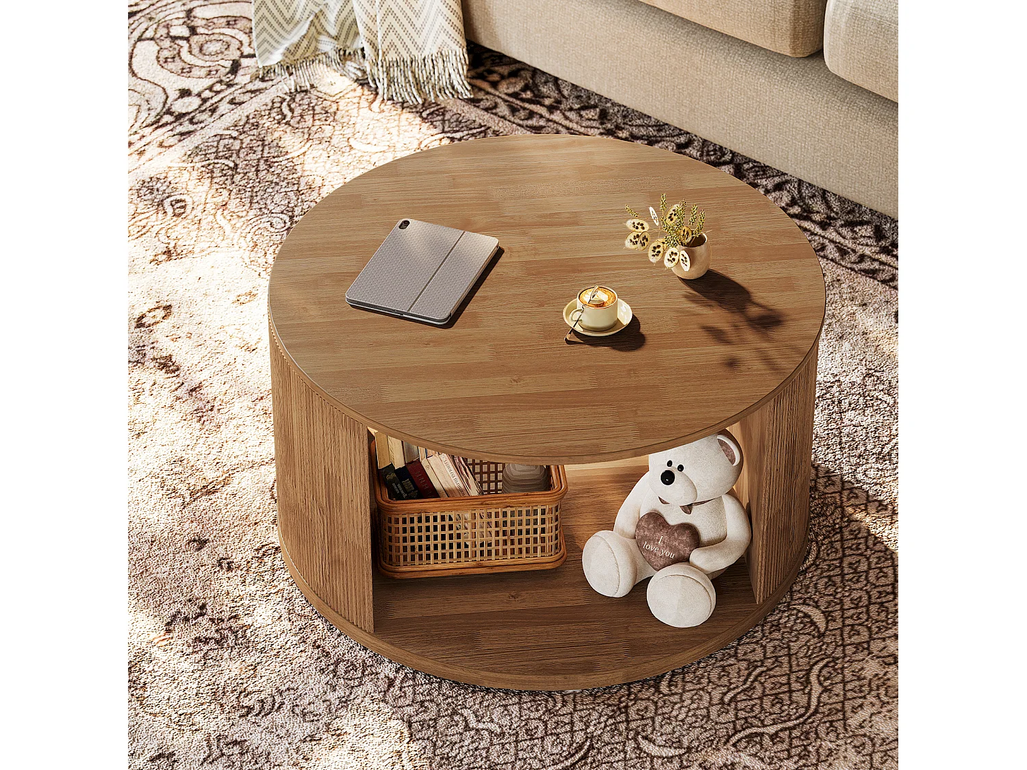 Table basse ronde, petite table basse de 80 cm avec base tambour cannelée et rangement en alcôve, table d'appoint moderne du milieu du siècle