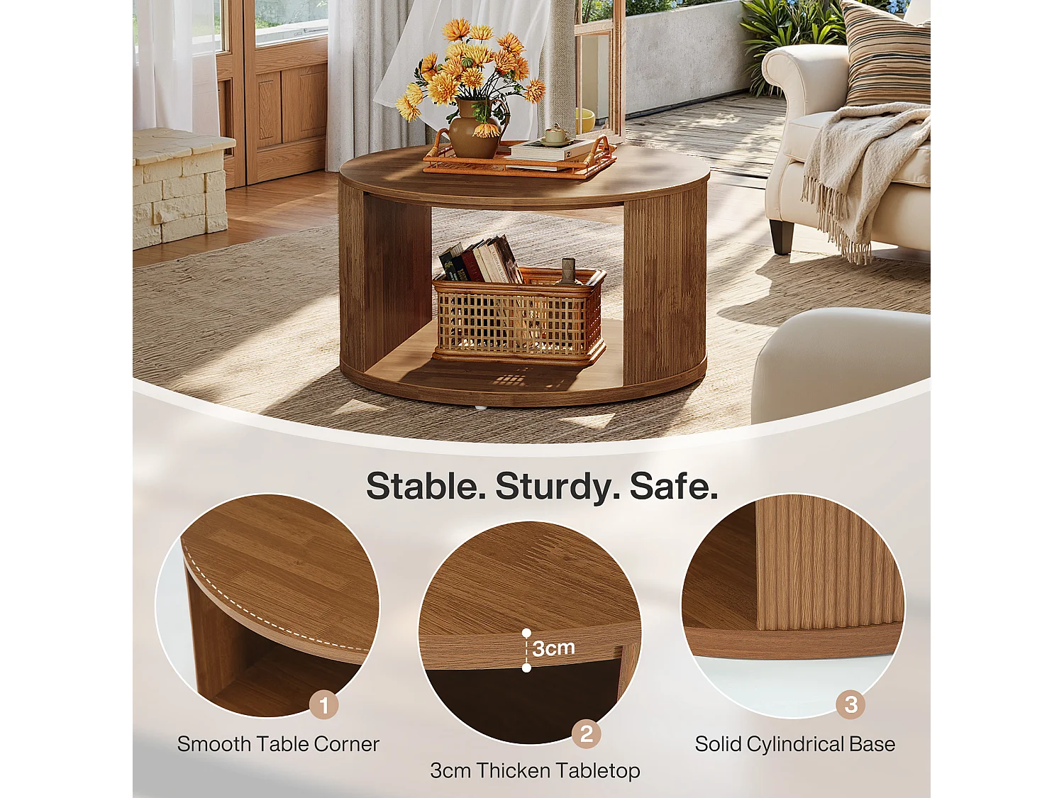 Table basse ronde, petite table basse de 80 cm avec base tambour cannelée et rangement en alcôve, table d'appoint moderne du milieu du siècle