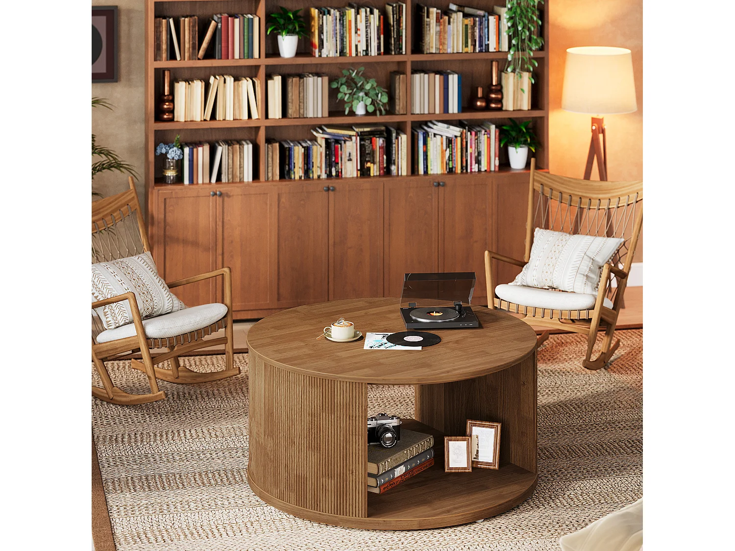 Table basse ronde, petite table basse de 80 cm avec base tambour cannelée et rangement en alcôve, table d'appoint moderne du milieu du siècle