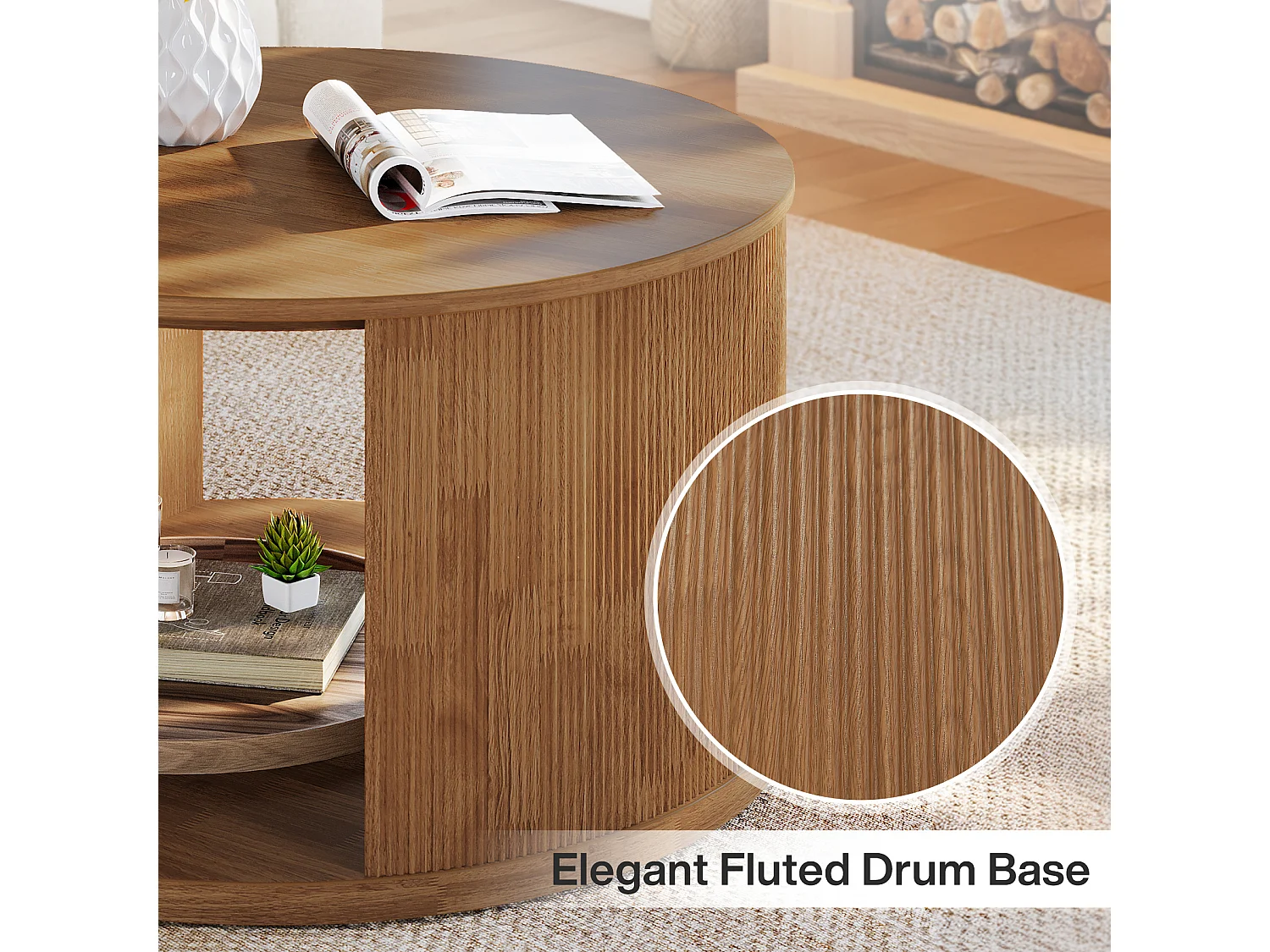 Table basse ronde, petite table basse de 80 cm avec base tambour cannelée et rangement en alcôve, table d'appoint moderne du milieu du siècle