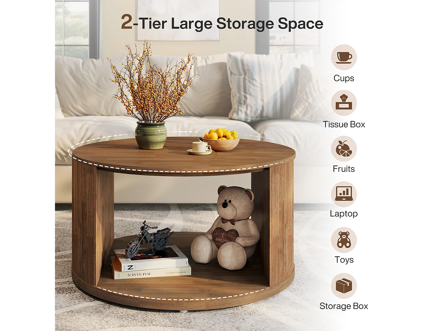 Table basse ronde, petite table basse de 80 cm avec base tambour cannelée et rangement en alcôve, table d'appoint moderne du milieu du siècle