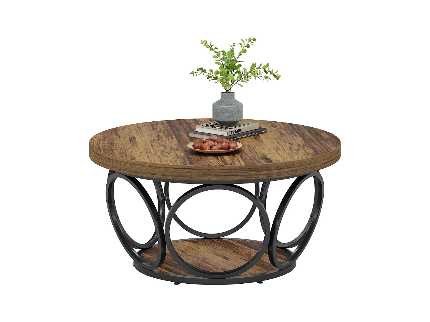 Runder Couchtisch, 80 cm, großer runder Wohnzimmertisch im Farmhausstil mit 2-stufiger Ablage