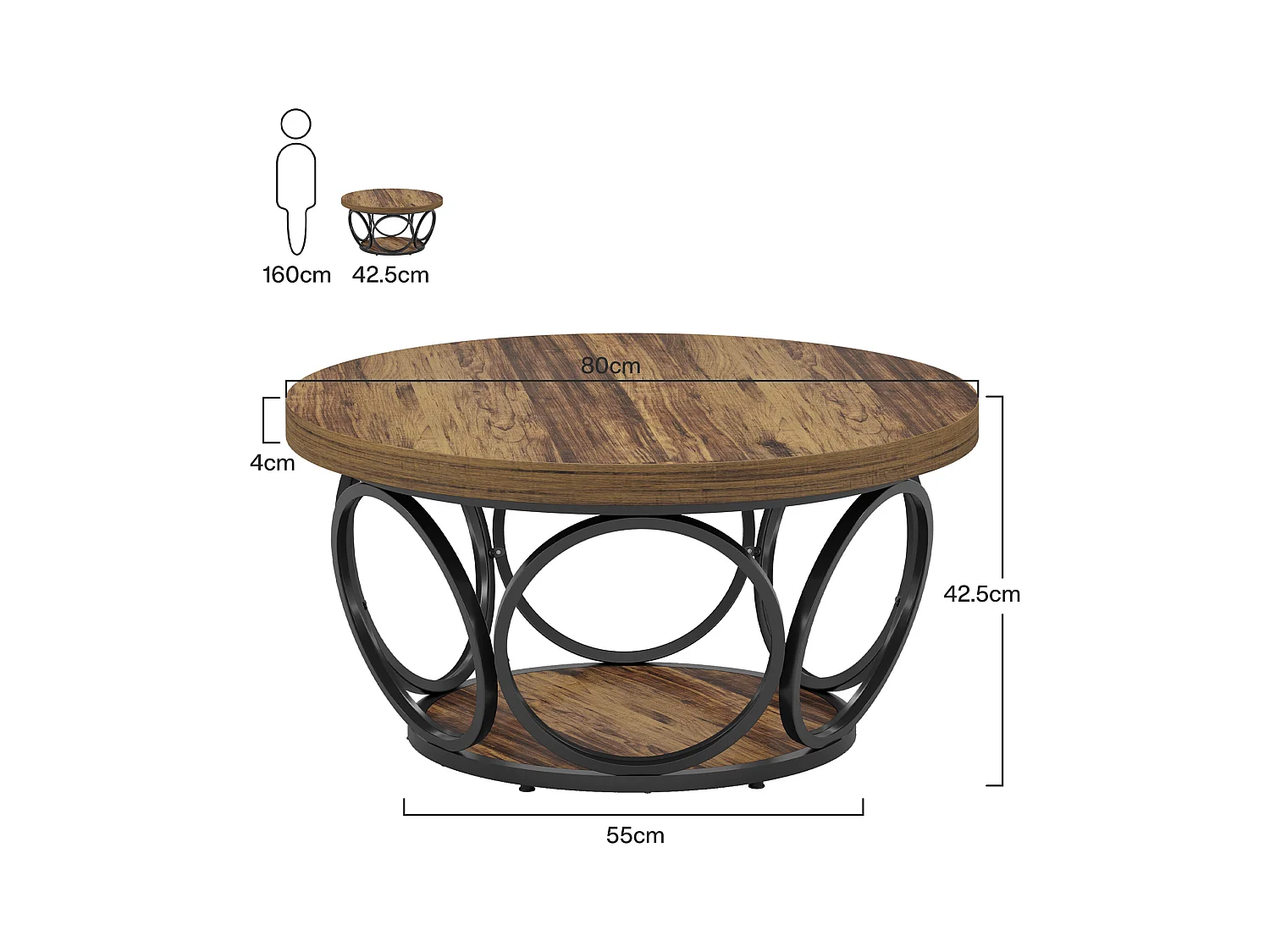 Runder Couchtisch, 80 cm, großer runder Wohnzimmertisch im Farmhausstil mit 2-stufiger Ablage