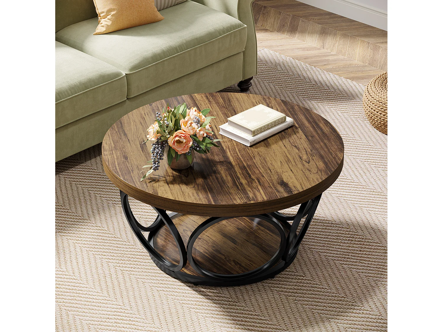 Runder Couchtisch, 80 cm, großer runder Wohnzimmertisch im Farmhausstil mit 2-stufiger Ablage