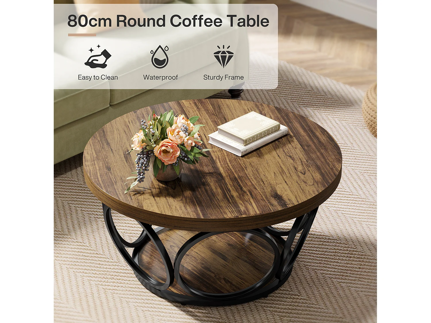 Runder Couchtisch, 80 cm, großer runder Wohnzimmertisch im Farmhausstil mit 2-stufiger Ablage