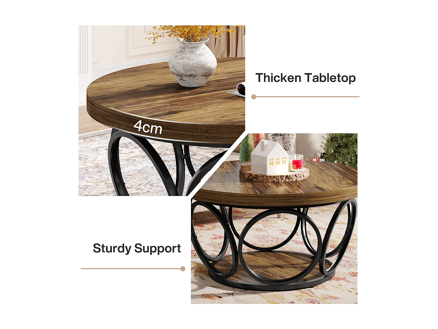 Runder Couchtisch, 80 cm, großer runder Wohnzimmertisch im Farmhausstil mit 2-stufiger Ablage