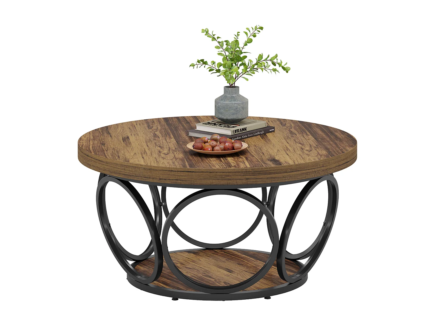 Table basse ronde, 80 cm, grande table de salon ronde de style ferme avec rangement à 2 niveaux