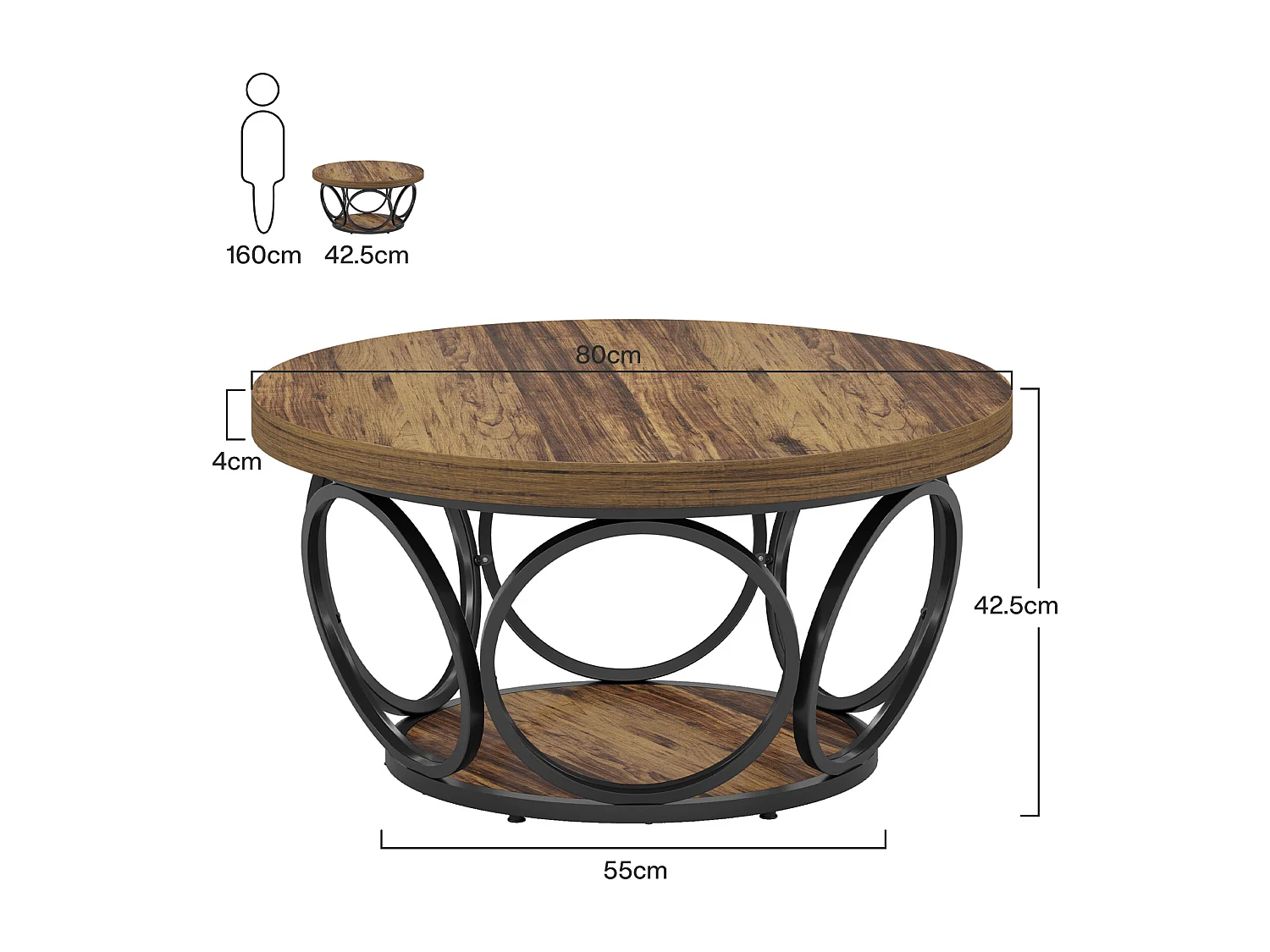 Table basse ronde, 80 cm, grande table de salon ronde de style ferme avec rangement à 2 niveaux