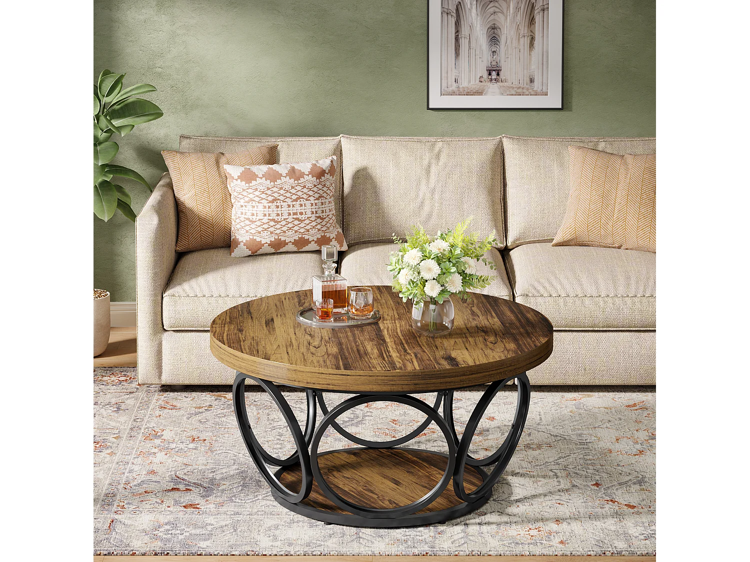 Table basse ronde, 80 cm, grande table de salon ronde de style ferme avec rangement à 2 niveaux