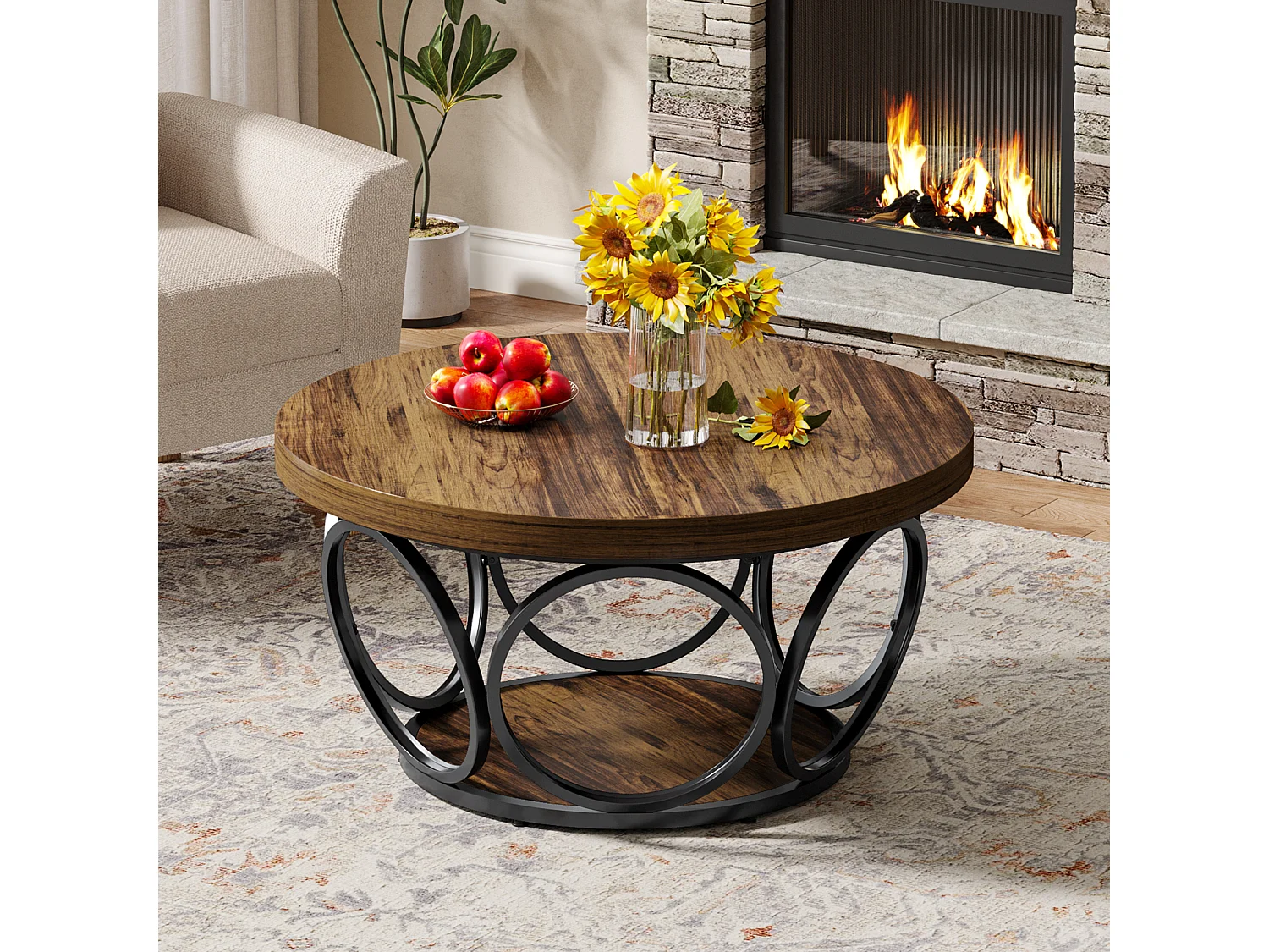 Table basse ronde, 80 cm, grande table de salon ronde de style ferme avec rangement à 2 niveaux