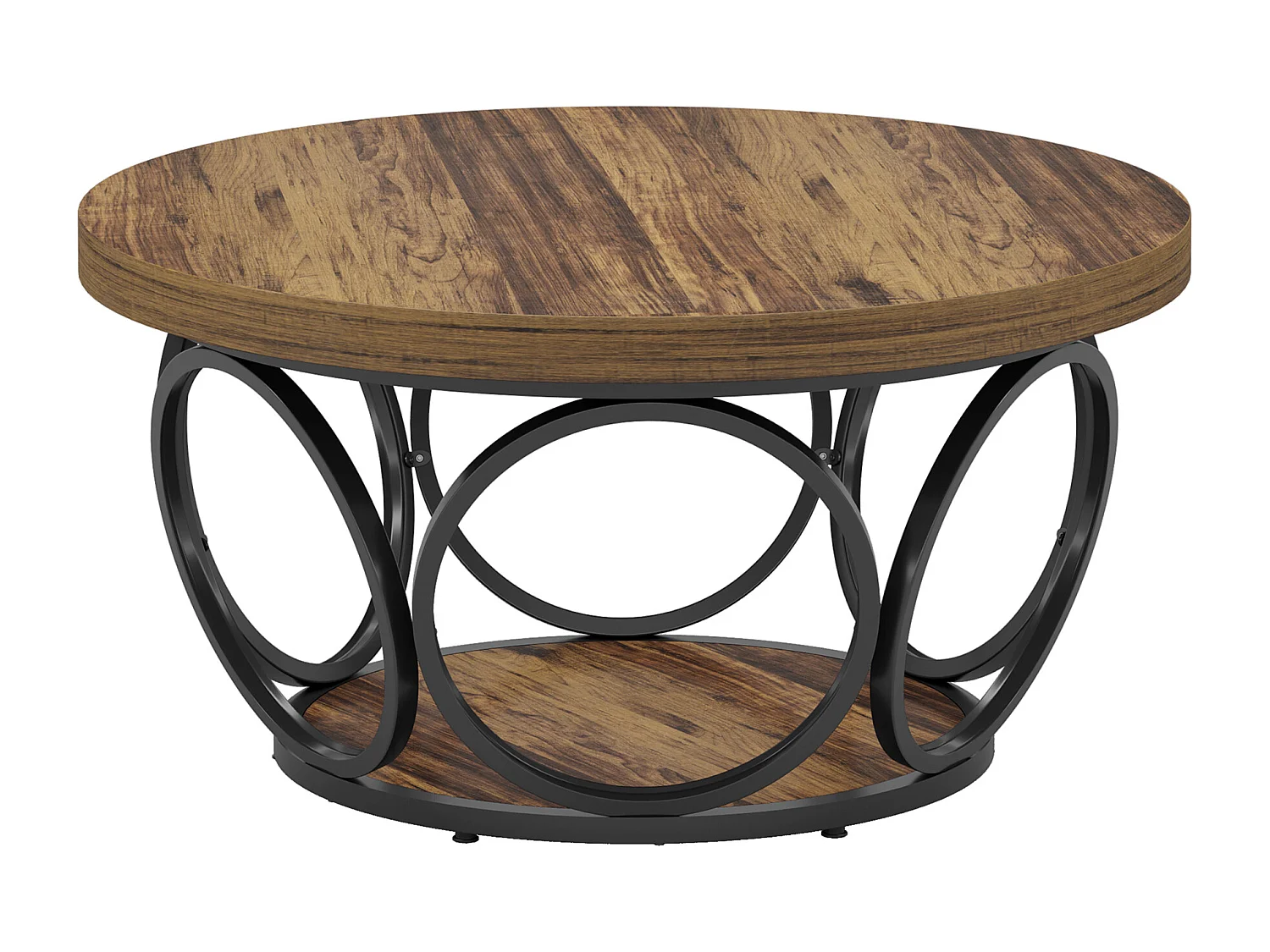 Table basse ronde, 80 cm, grande table de salon ronde de style ferme avec rangement à 2 niveaux