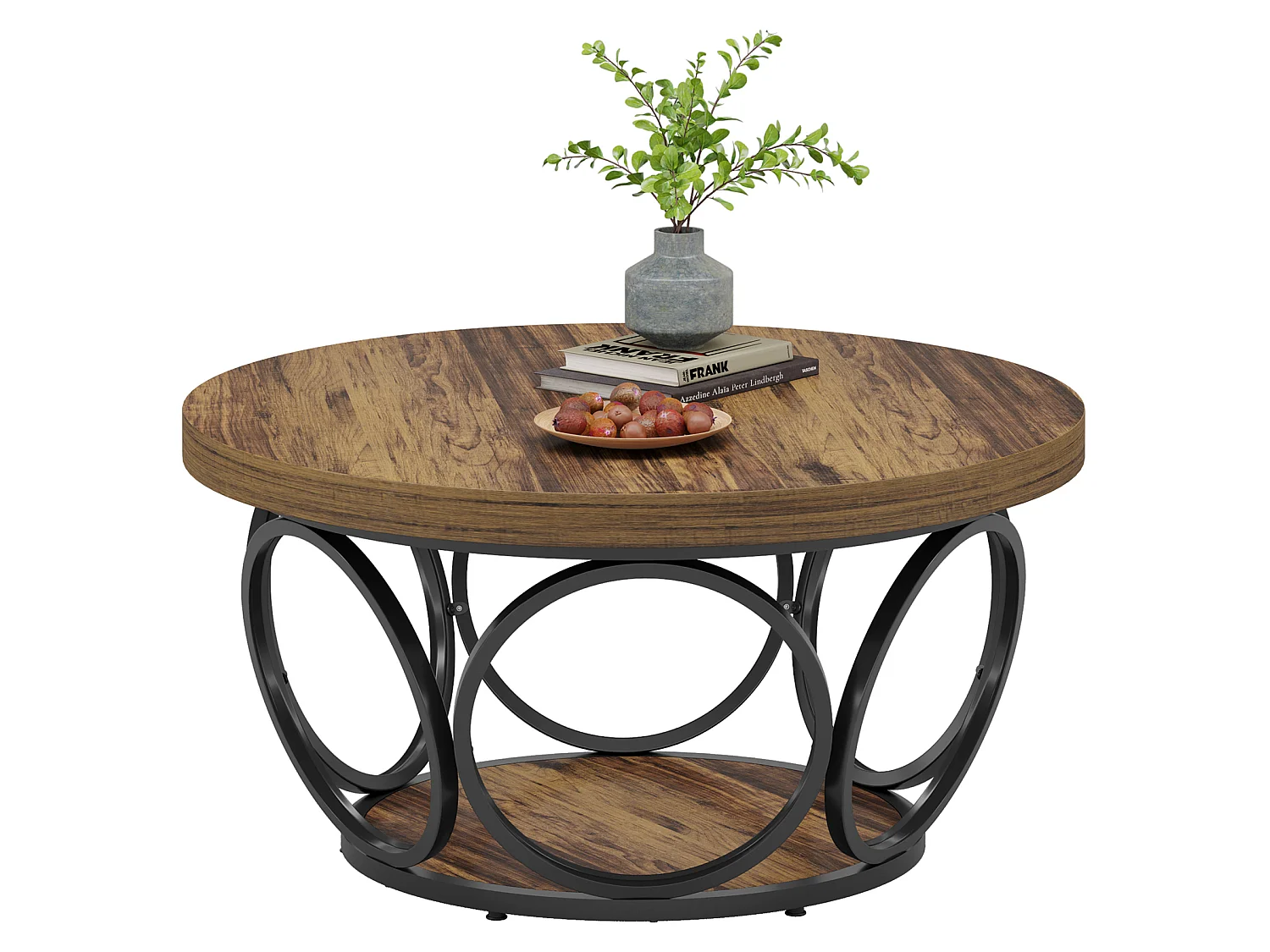 Ronde salontafel, 80 cm, grote ronde salontafel in boerderijstijl met opbergruimte op 2 niveaus