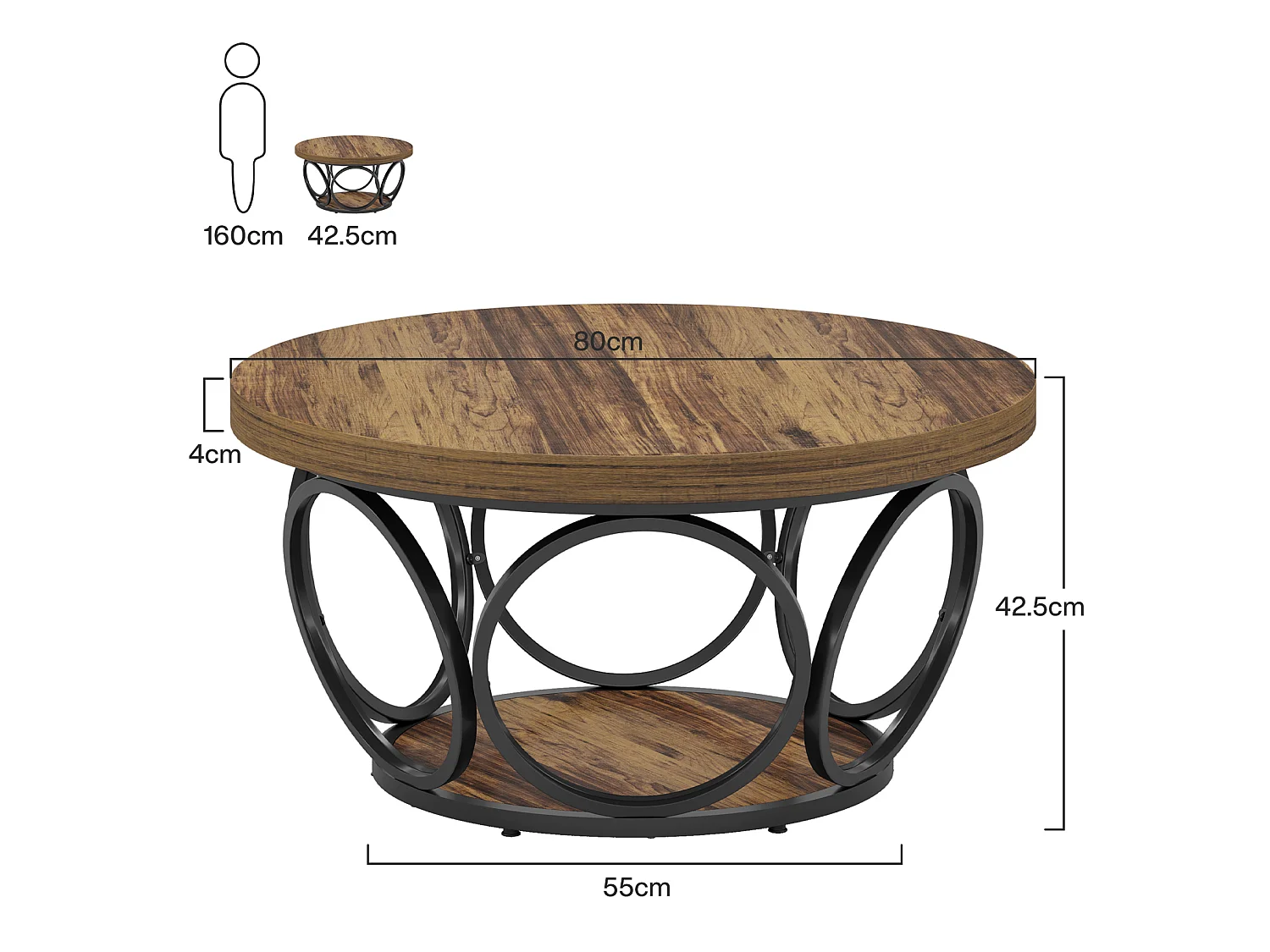 Ronde salontafel, 80 cm, grote ronde salontafel in boerderijstijl met opbergruimte op 2 niveaus