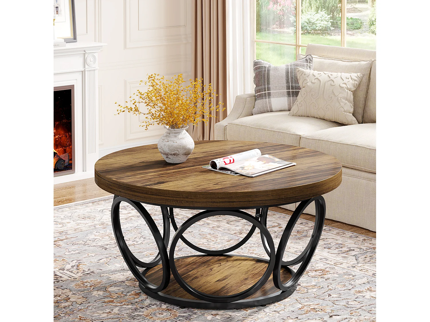 Ronde salontafel, 80 cm, grote ronde salontafel in boerderijstijl met opbergruimte op 2 niveaus