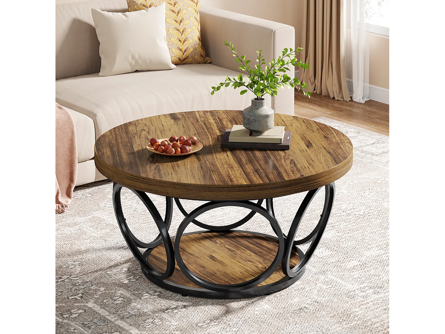 Ronde salontafel, 80 cm, grote ronde salontafel in boerderijstijl met opbergruimte op 2 niveaus