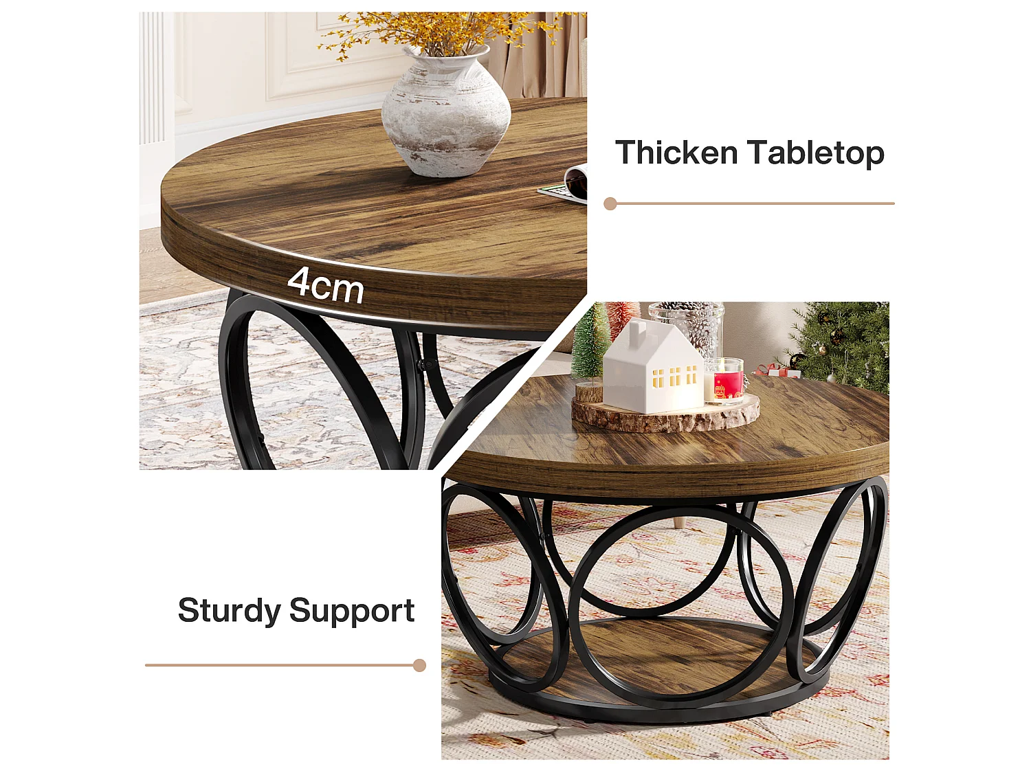 Ronde salontafel, 80 cm, grote ronde salontafel in boerderijstijl met opbergruimte op 2 niveaus