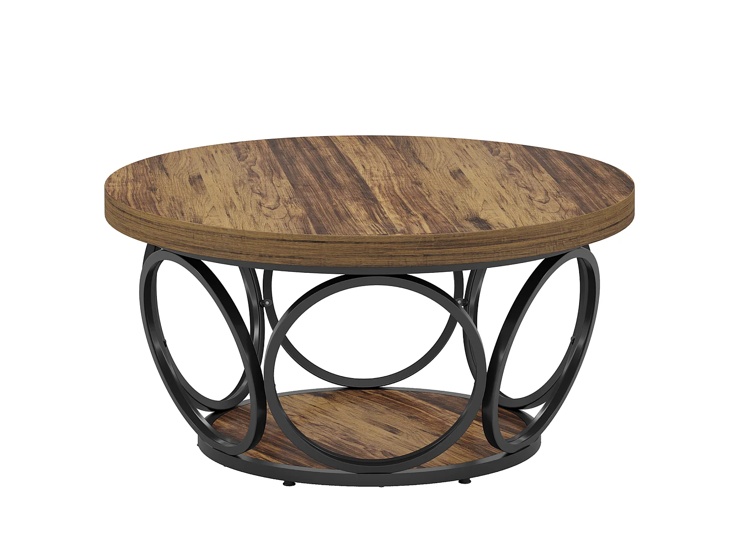 Ronde salontafel, 80 cm, grote ronde salontafel in boerderijstijl met opbergruimte op 2 niveaus