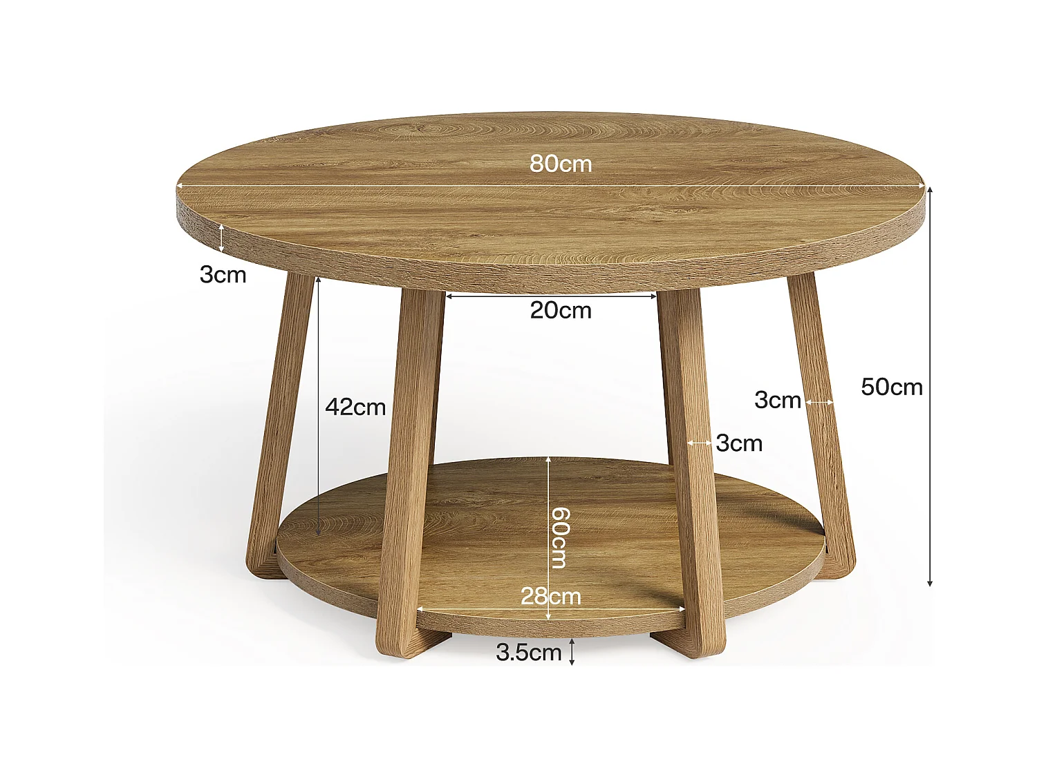 Runder Couchtisch, 2-geschichtiger Mittelpunkt Tisch mit Stauraum, Holzbeine, 80 cm x 50 cm, einfache Montage, für Wohnzimmer, Schlafzimmer