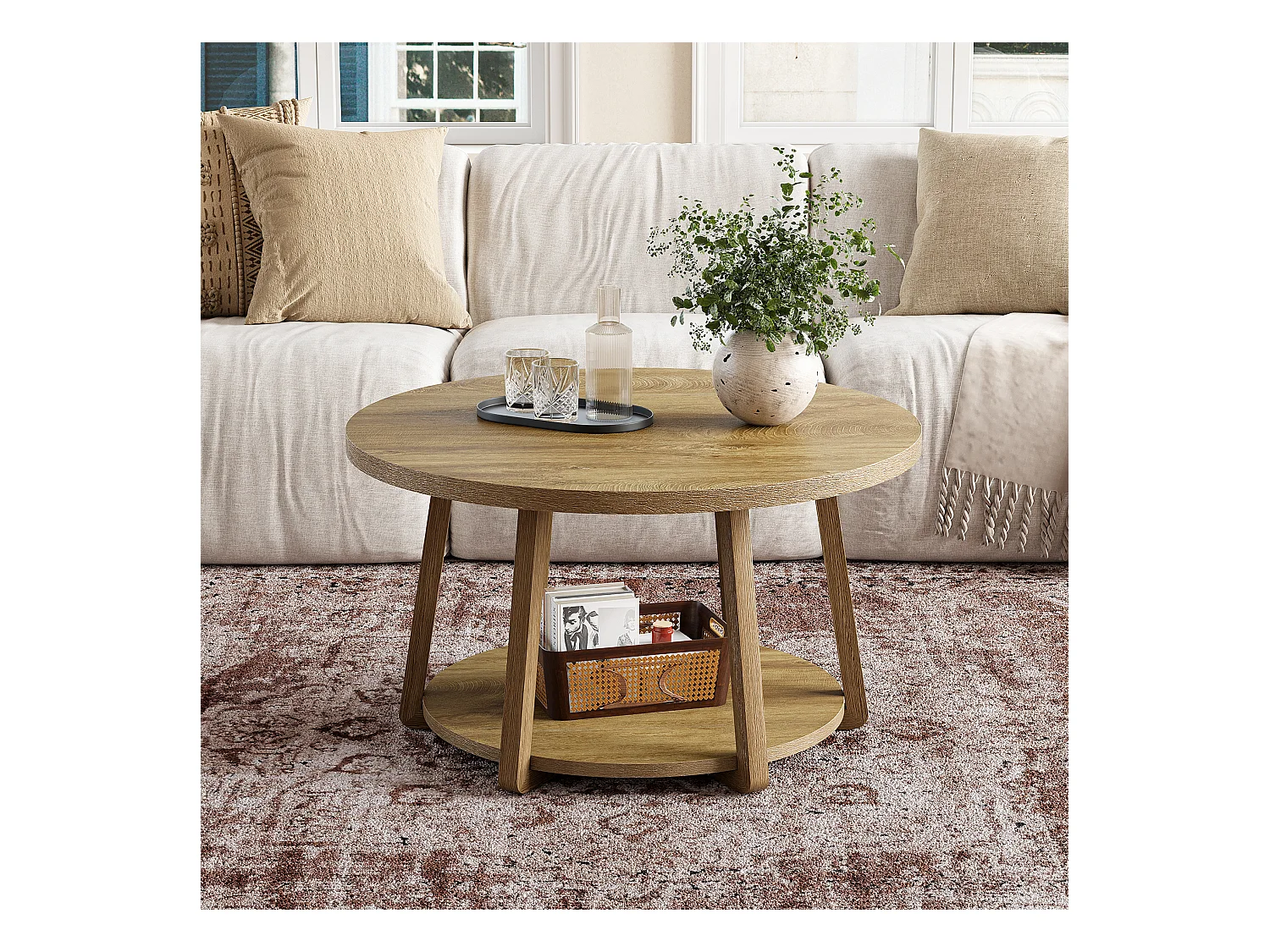 Runder Couchtisch, 2-geschichtiger Mittelpunkt Tisch mit Stauraum, Holzbeine, 80 cm x 50 cm, einfache Montage, für Wohnzimmer, Schlafzimmer