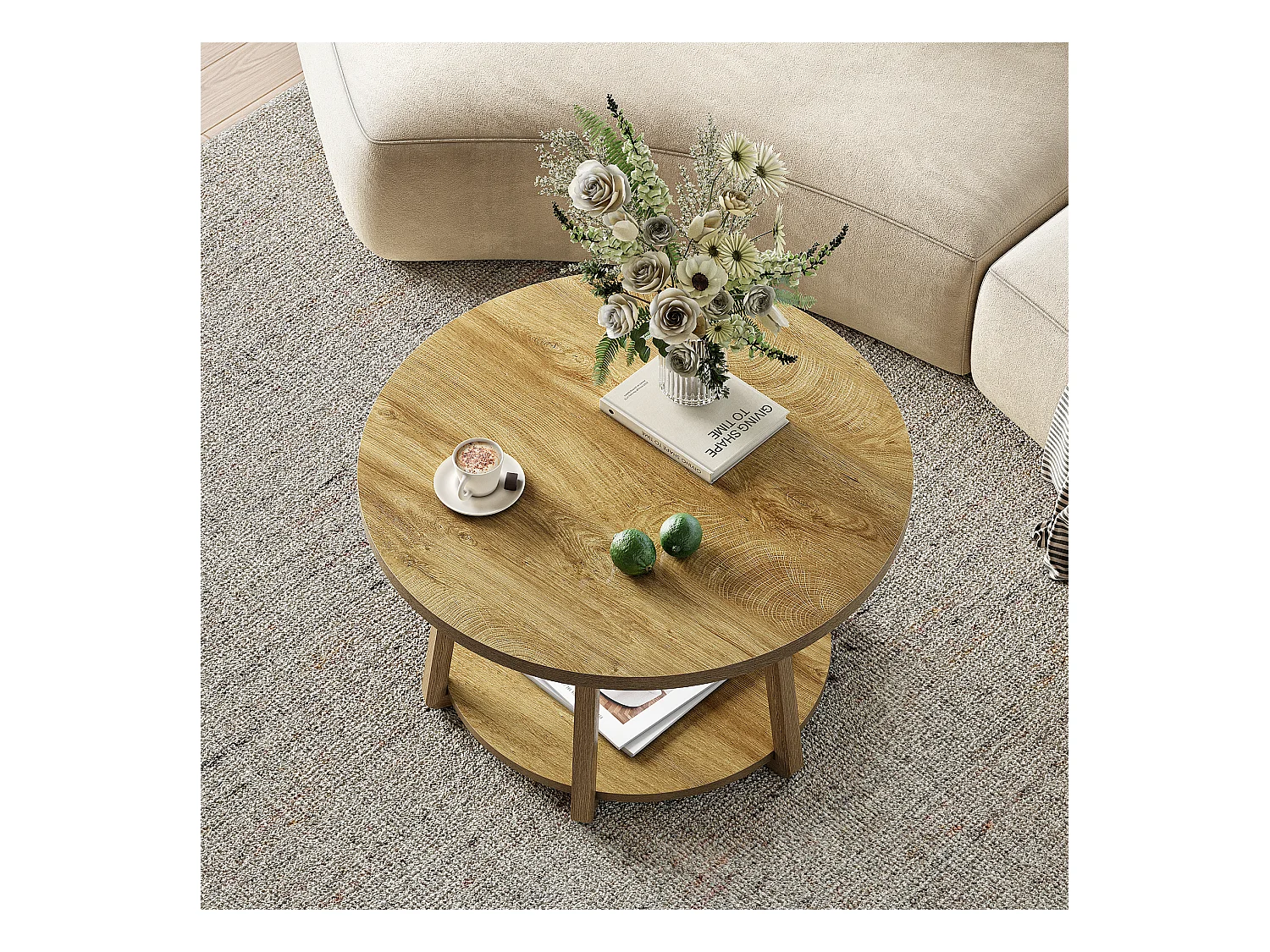 Runder Couchtisch, 2-geschichtiger Mittelpunkt Tisch mit Stauraum, Holzbeine, 80 cm x 50 cm, einfache Montage, für Wohnzimmer, Schlafzimmer