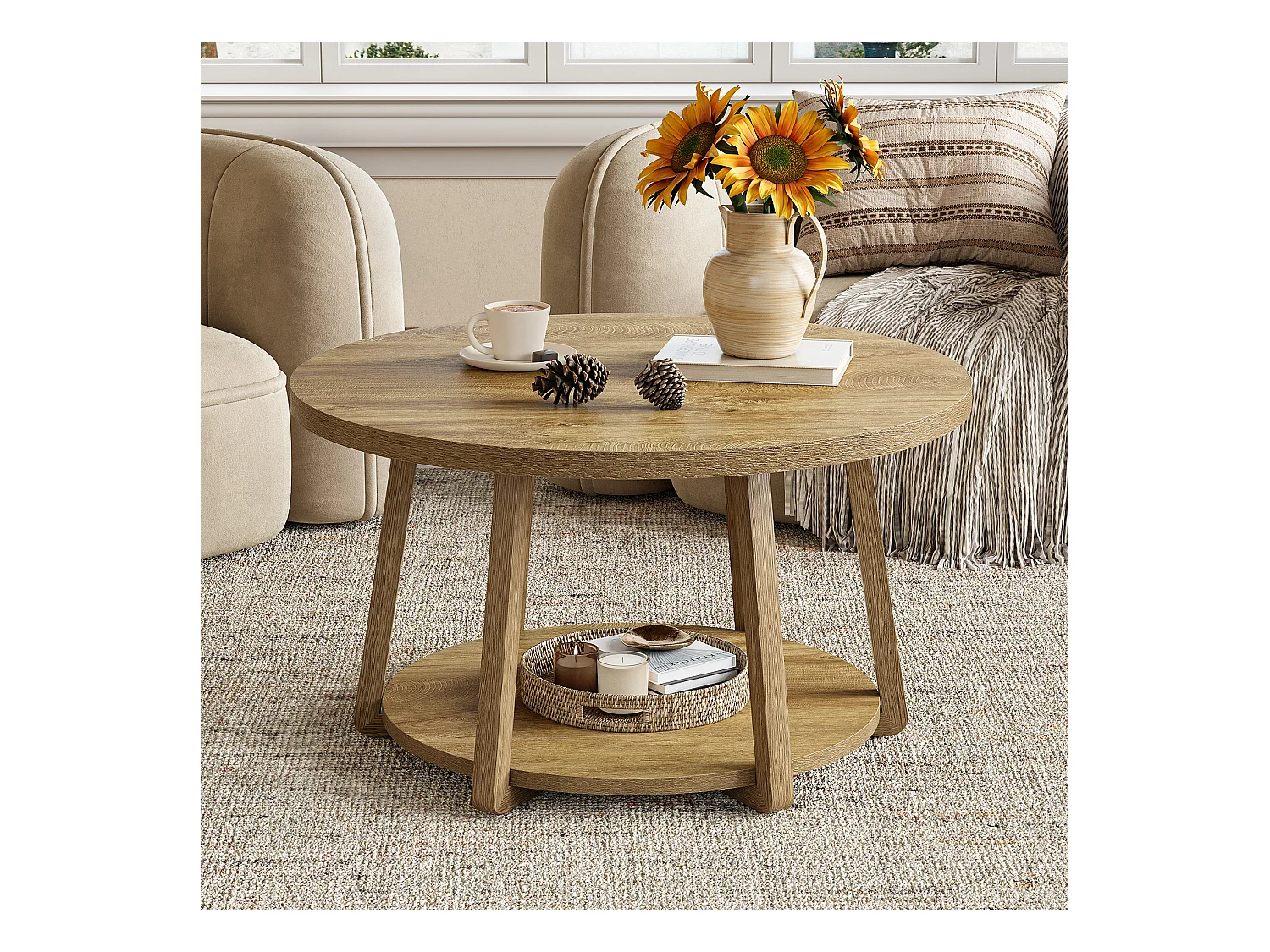 Runder Couchtisch, 2-geschichtiger Mittelpunkt Tisch mit Stauraum, Holzbeine, 80 cm x 50 cm, einfache Montage, für Wohnzimmer, Schlafzimmer