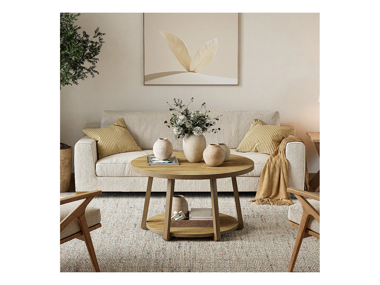 Runder Couchtisch, 2-geschichtiger Mittelpunkt Tisch mit Stauraum, Holzbeine, 80 cm x 50 cm, einfache Montage, für Wohnzimmer, Schlafzimmer