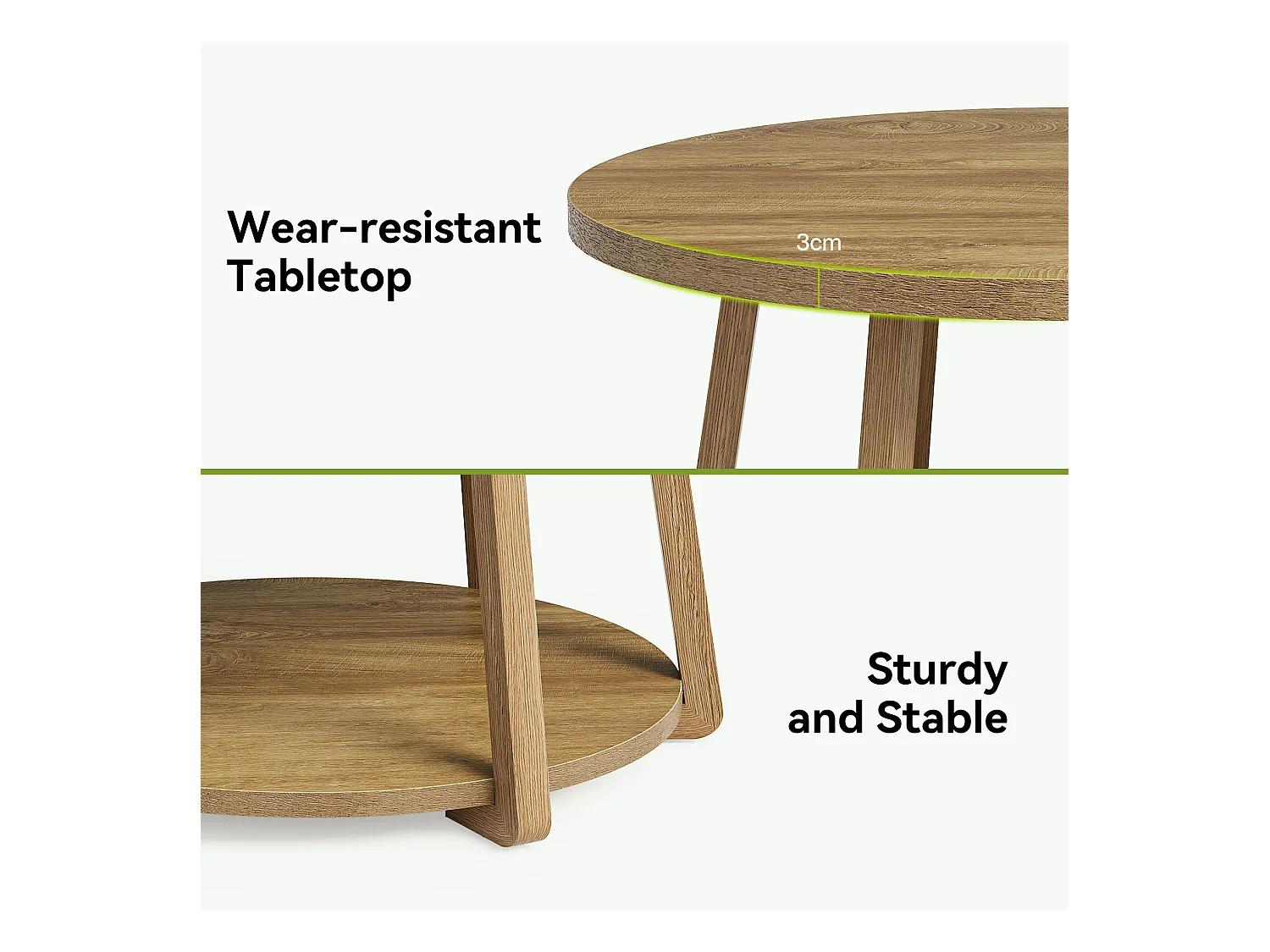 Runder Couchtisch, 2-geschichtiger Mittelpunkt Tisch mit Stauraum, Holzbeine, 80 cm x 50 cm, einfache Montage, für Wohnzimmer, Schlafzimmer