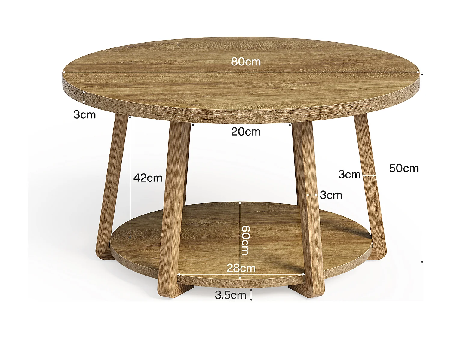 Okrągły stolik kawowy, dwupoziomowy stolik centralny ze schowkiem, nogi drewniane, 80 cm x 50 cm, łatwy montaż, do salonu, sypialni