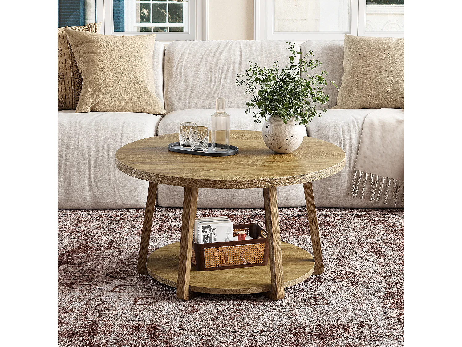 Okrągły stolik kawowy, dwupoziomowy stolik centralny ze schowkiem, nogi drewniane, 80 cm x 50 cm, łatwy montaż, do salonu, sypialni