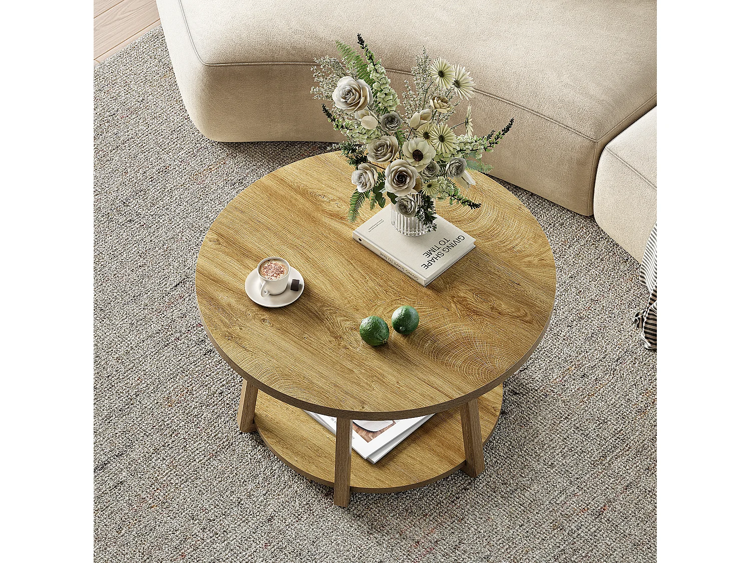 Okrągły stolik kawowy, dwupoziomowy stolik centralny ze schowkiem, nogi drewniane, 80 cm x 50 cm, łatwy montaż, do salonu, sypialni