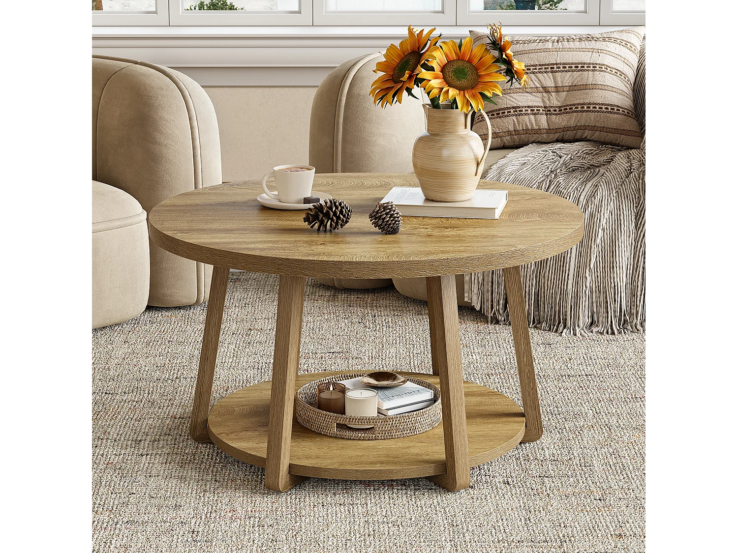 Okrągły stolik kawowy, dwupoziomowy stolik centralny ze schowkiem, nogi drewniane, 80 cm x 50 cm, łatwy montaż, do salonu, sypialni