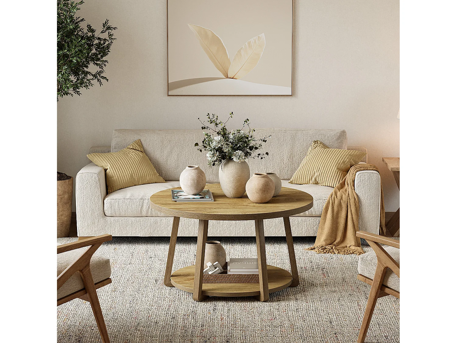 Okrągły stolik kawowy, dwupoziomowy stolik centralny ze schowkiem, nogi drewniane, 80 cm x 50 cm, łatwy montaż, do salonu, sypialni