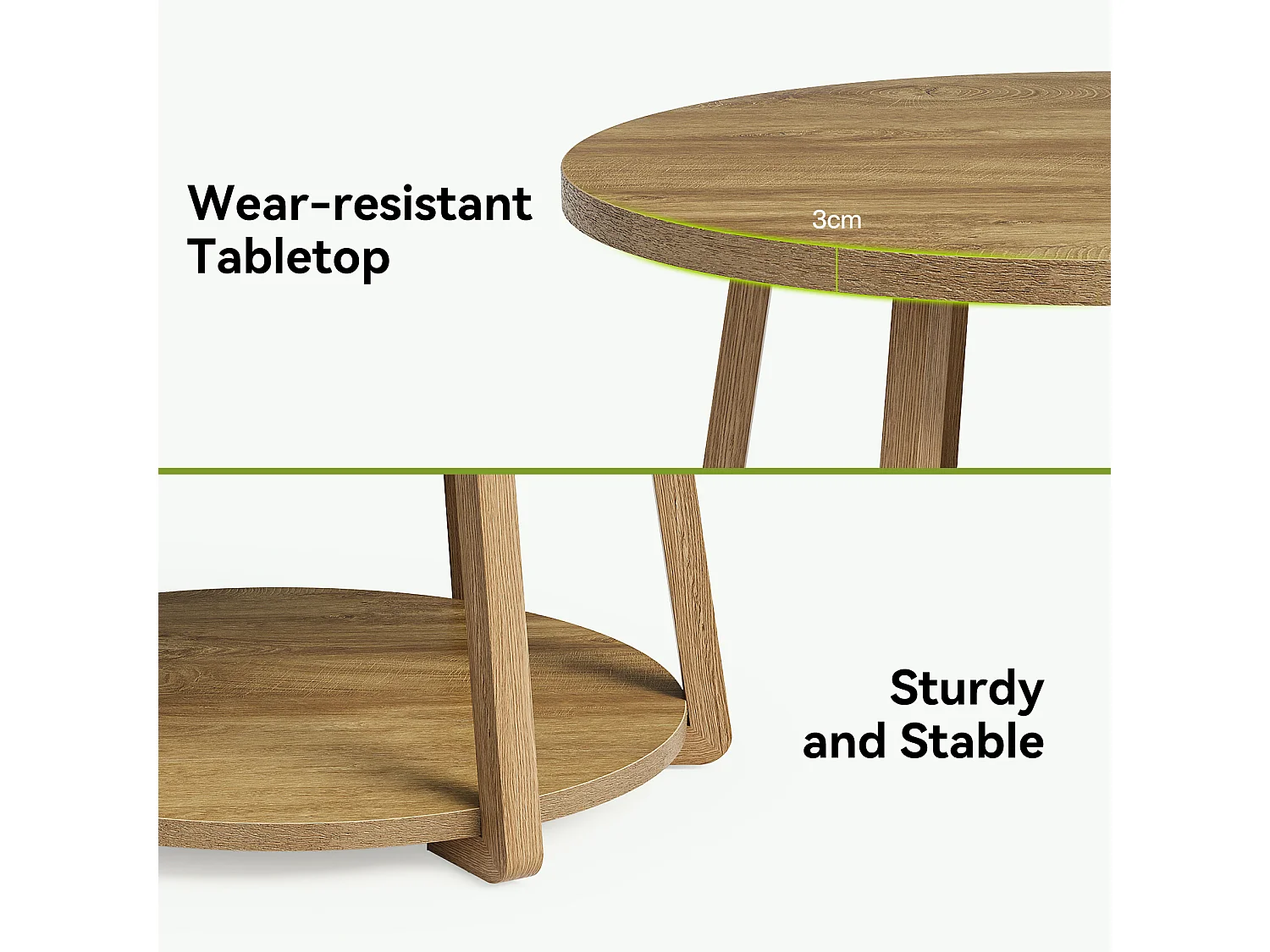 Okrągły stolik kawowy, dwupoziomowy stolik centralny ze schowkiem, nogi drewniane, 80 cm x 50 cm, łatwy montaż, do salonu, sypialni