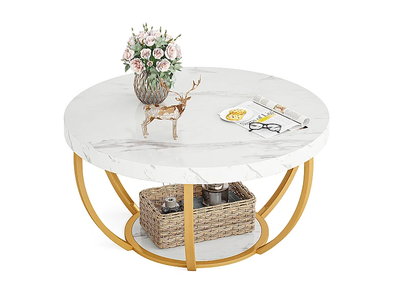 Moderner runder Couchtisch, 2-stufiger Couchtisch mit künstlichem weißem Marmorfinish und goldenen Metallbeinen