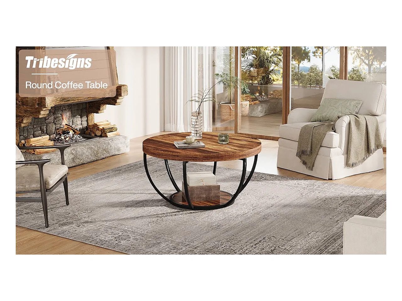 Table basse ronde moderne à deux niveaux avec finition en faux marbre blanc et pieds en métal doré