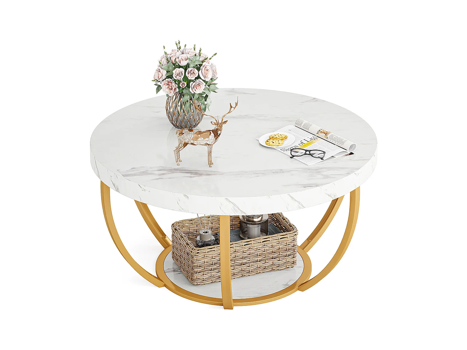 Moderner runder Couchtisch, 2-stufiger Couchtisch mit künstlichem weißem Marmorfinish und goldenen Metallbeinen