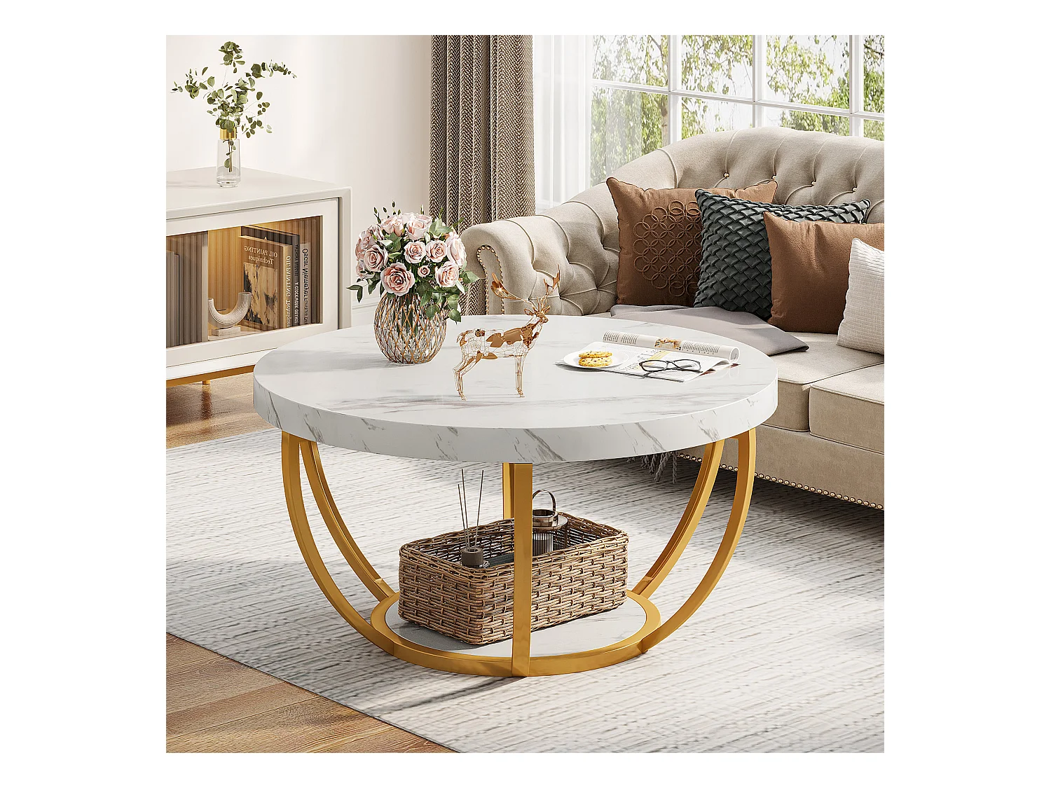 Moderner runder Couchtisch, 2-stufiger Couchtisch mit künstlichem weißem Marmorfinish und goldenen Metallbeinen