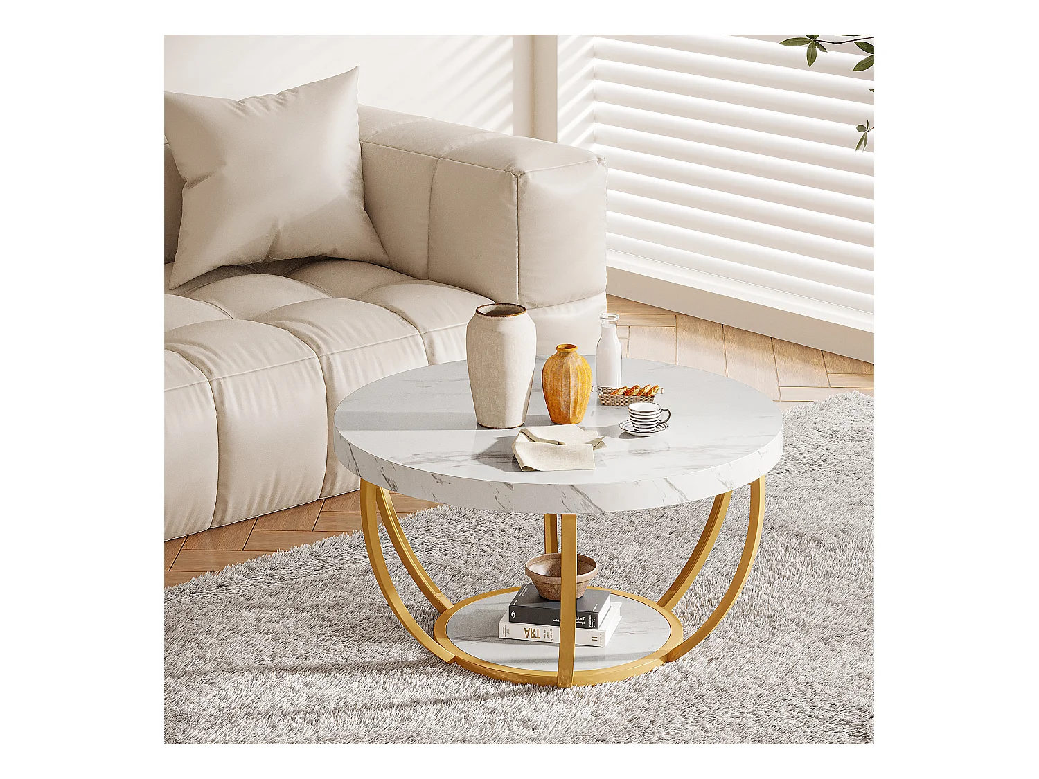 Moderner runder Couchtisch, 2-stufiger Couchtisch mit künstlichem weißem Marmorfinish und goldenen Metallbeinen