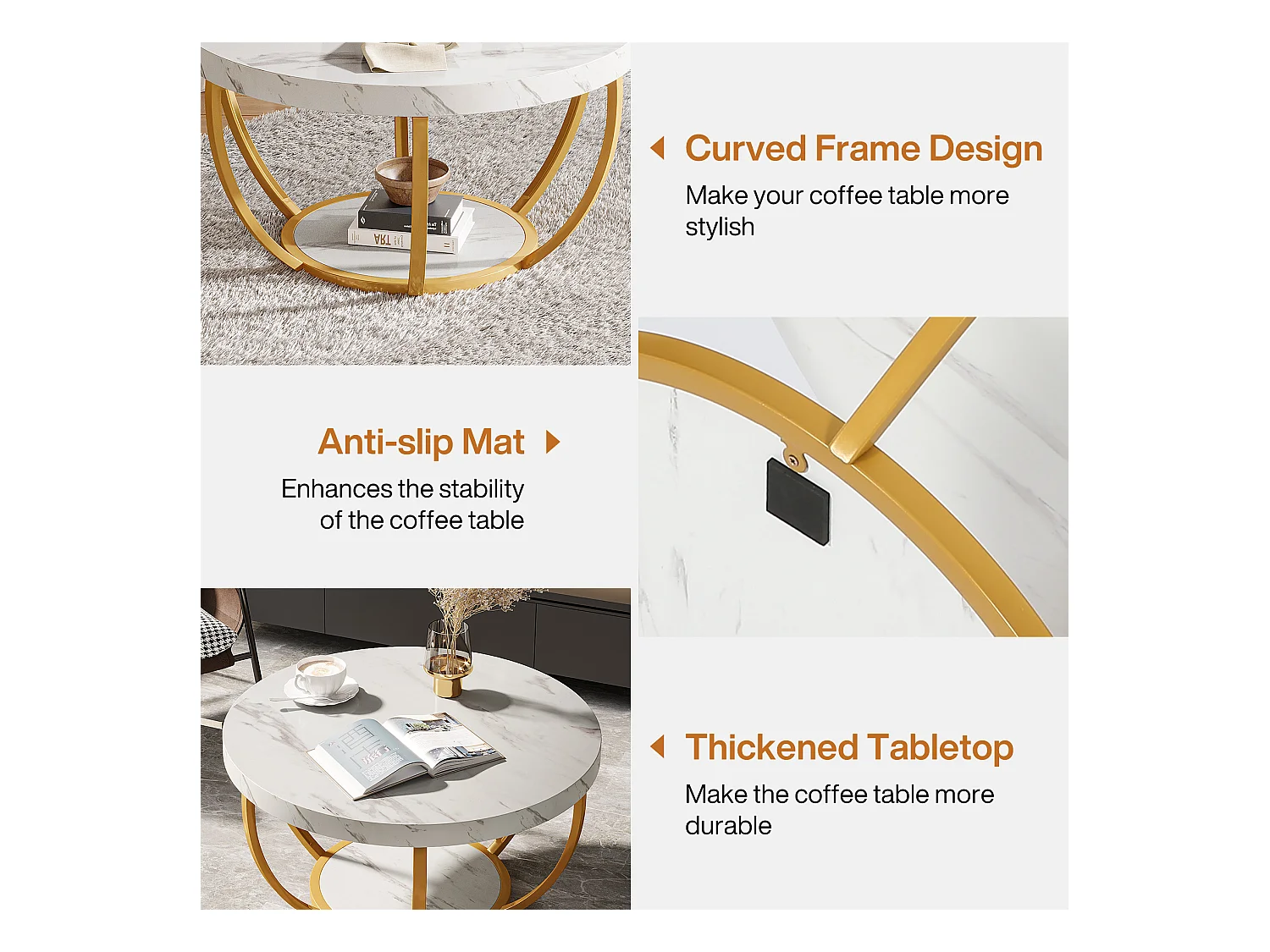 Moderner runder Couchtisch, 2-stufiger Couchtisch mit künstlichem weißem Marmorfinish und goldenen Metallbeinen