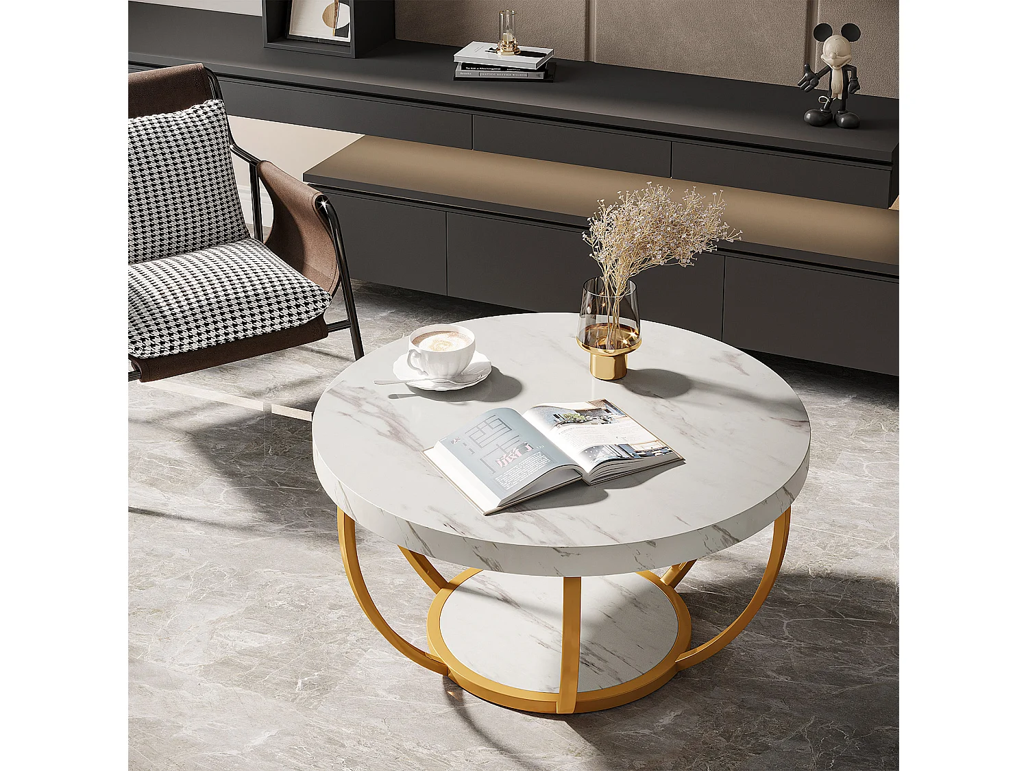 Moderner runder Couchtisch, 2-stufiger Couchtisch mit künstlichem weißem Marmorfinish und goldenen Metallbeinen