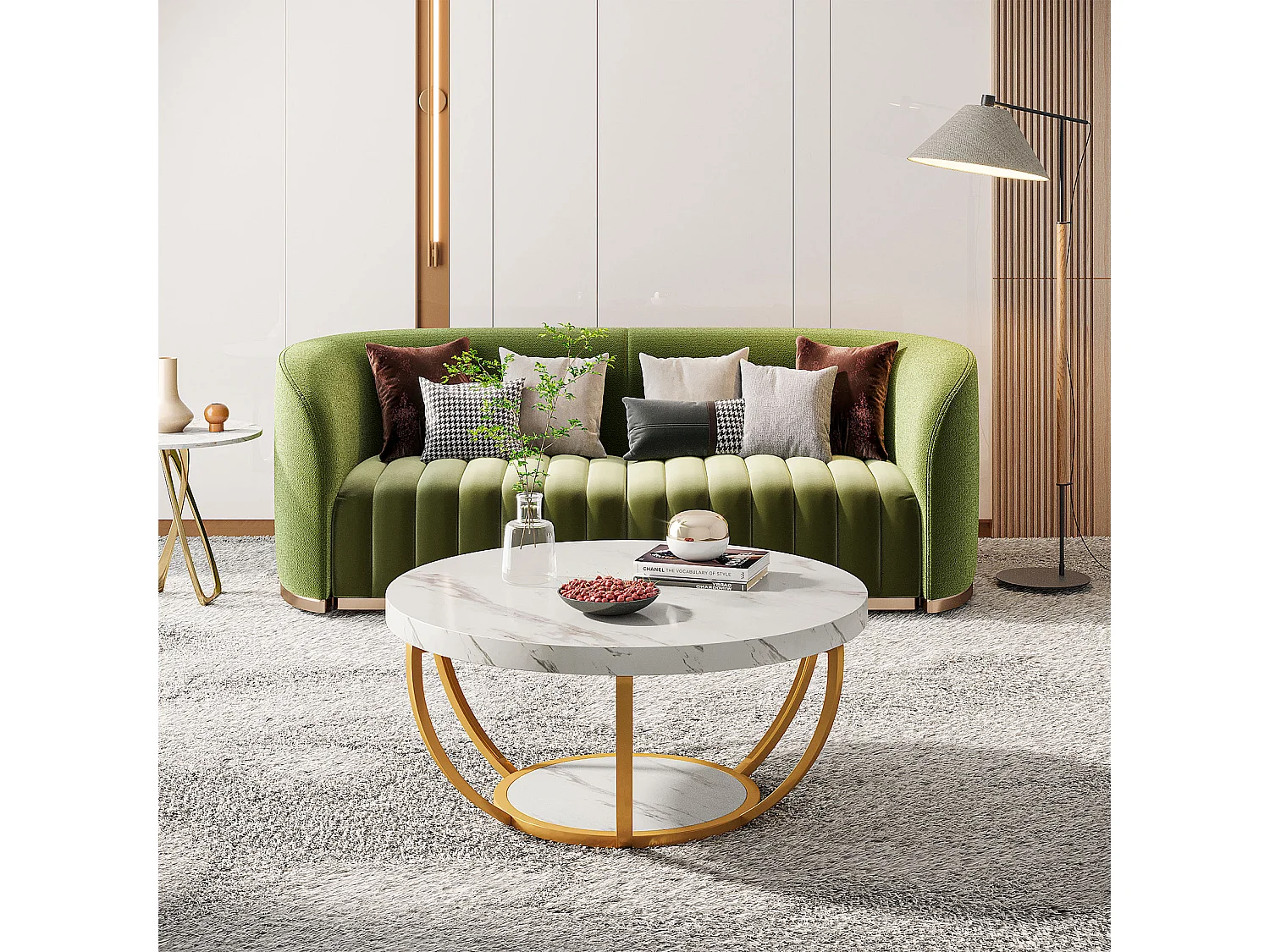 Moderner runder Couchtisch, 2-stufiger Couchtisch mit künstlichem weißem Marmorfinish und goldenen Metallbeinen