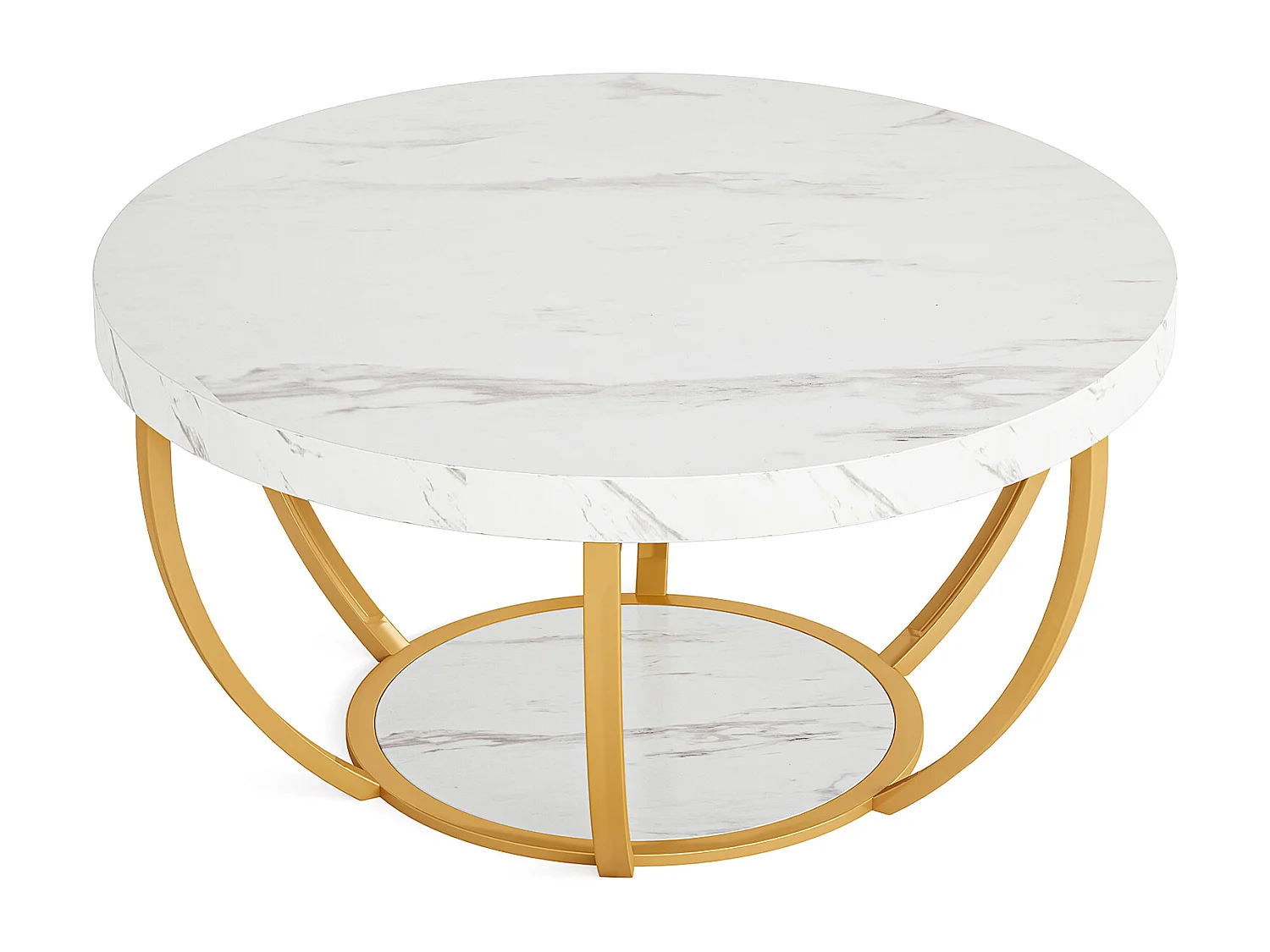 Moderner runder Couchtisch, 2-stufiger Couchtisch mit künstlichem weißem Marmorfinish und goldenen Metallbeinen