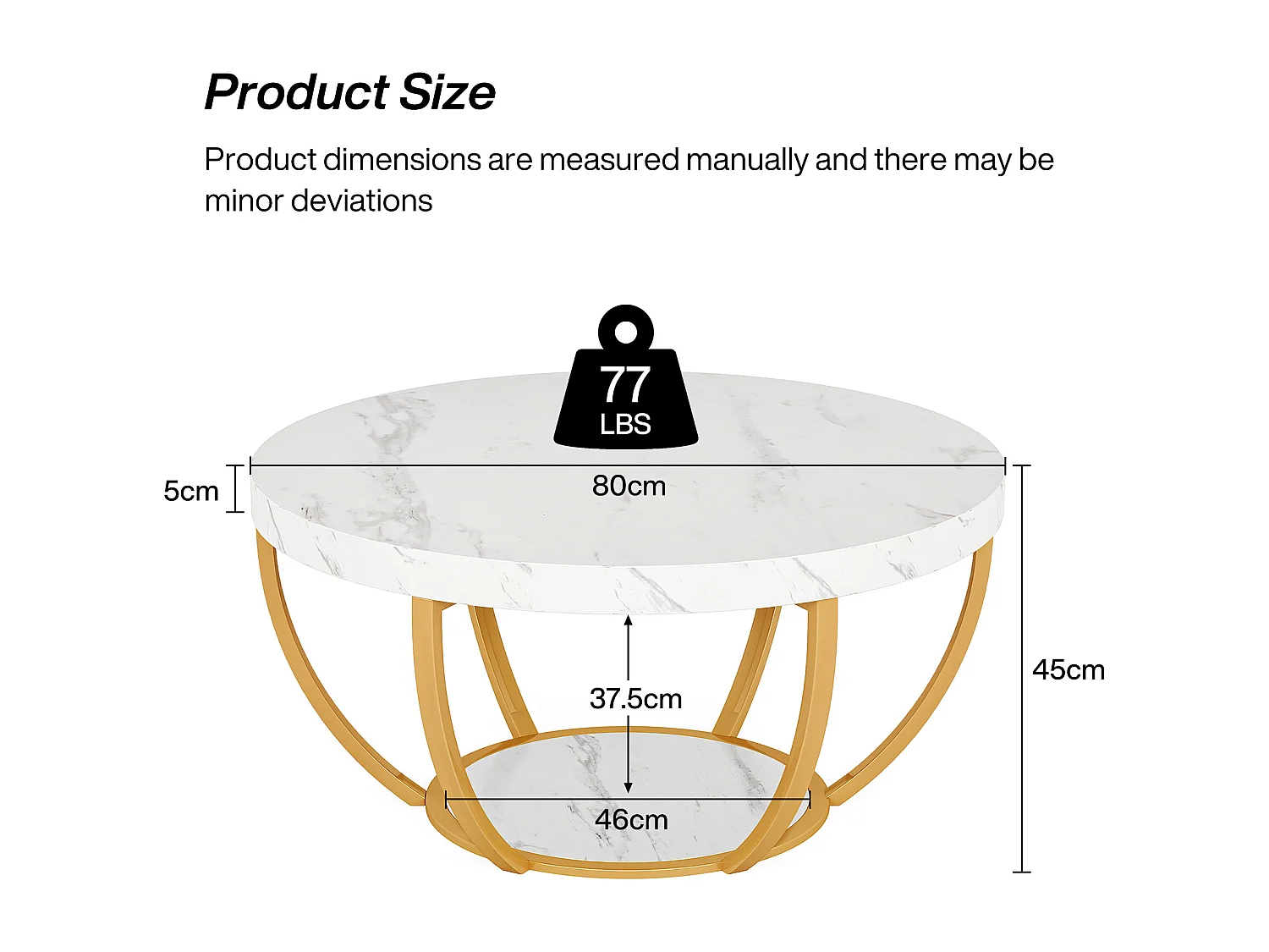 Mesa redonda de café moderna, mesa de café de 2 niveles con acabado de mármol blanco falso y patas de metal dorado
