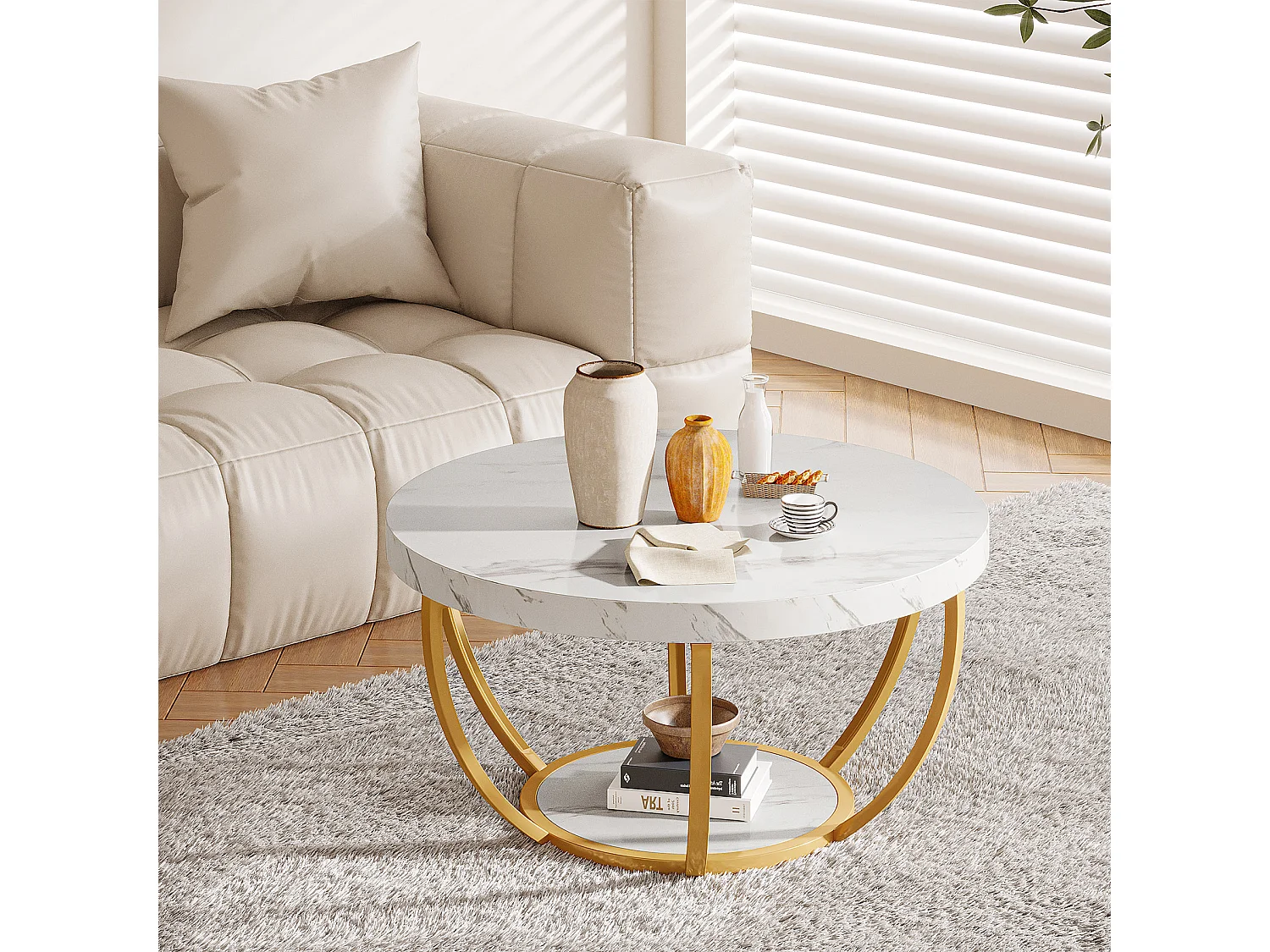 Mesa redonda de café moderna, mesa de café de 2 niveles con acabado de mármol blanco falso y patas de metal dorado