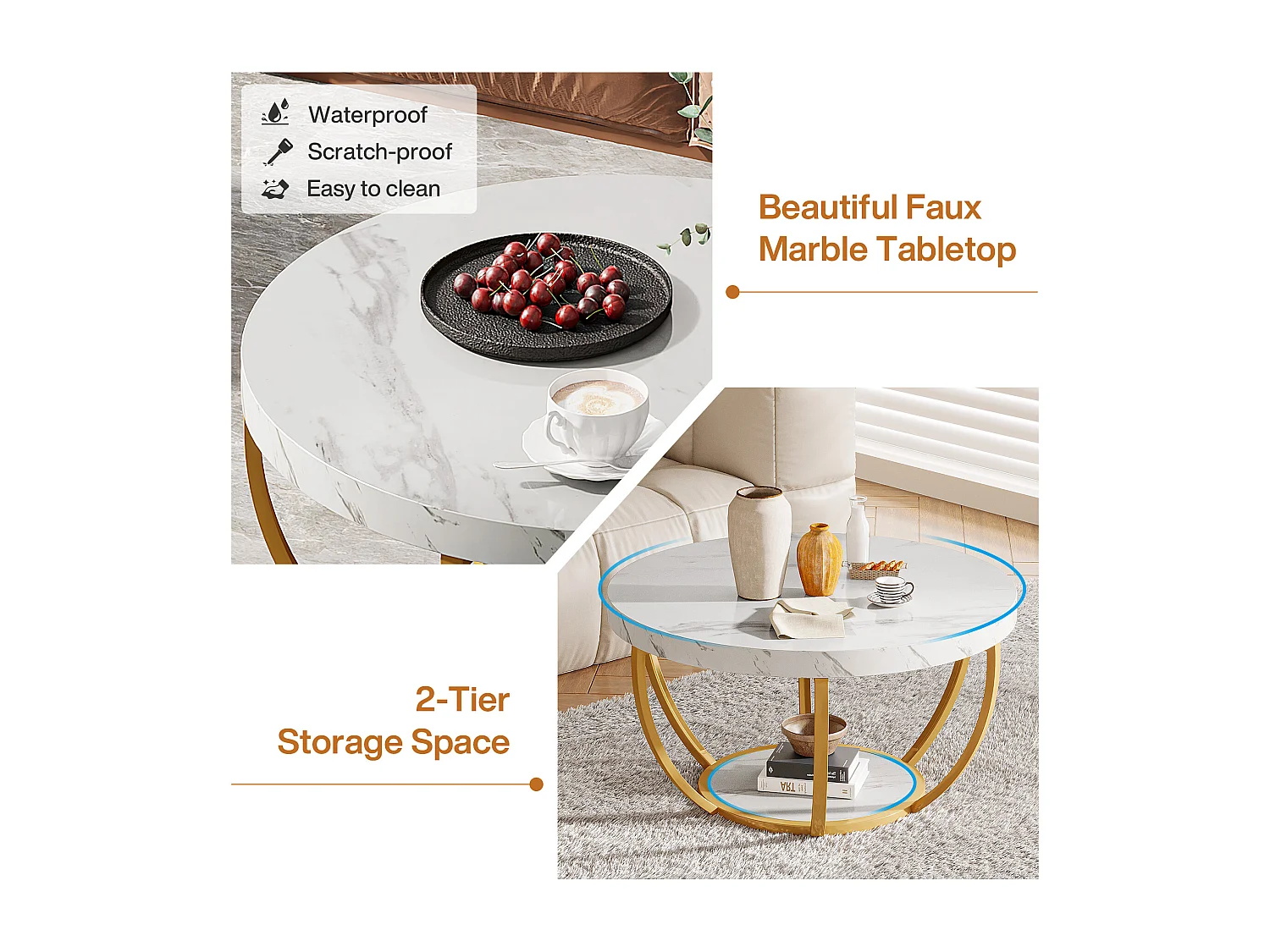 Mesa redonda de café moderna, mesa de café de 2 niveles con acabado de mármol blanco falso y patas de metal dorado