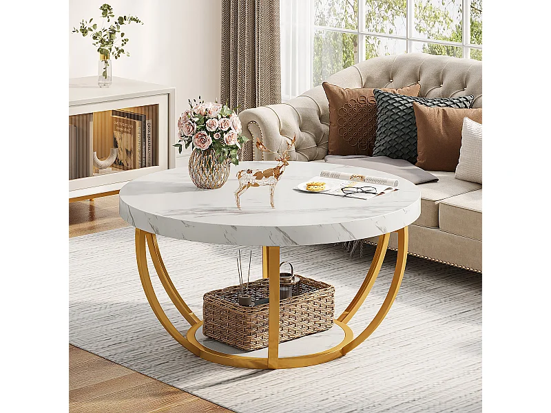 Table basse ronde moderne à deux niveaux avec finition en faux marbre blanc et pieds en métal doré