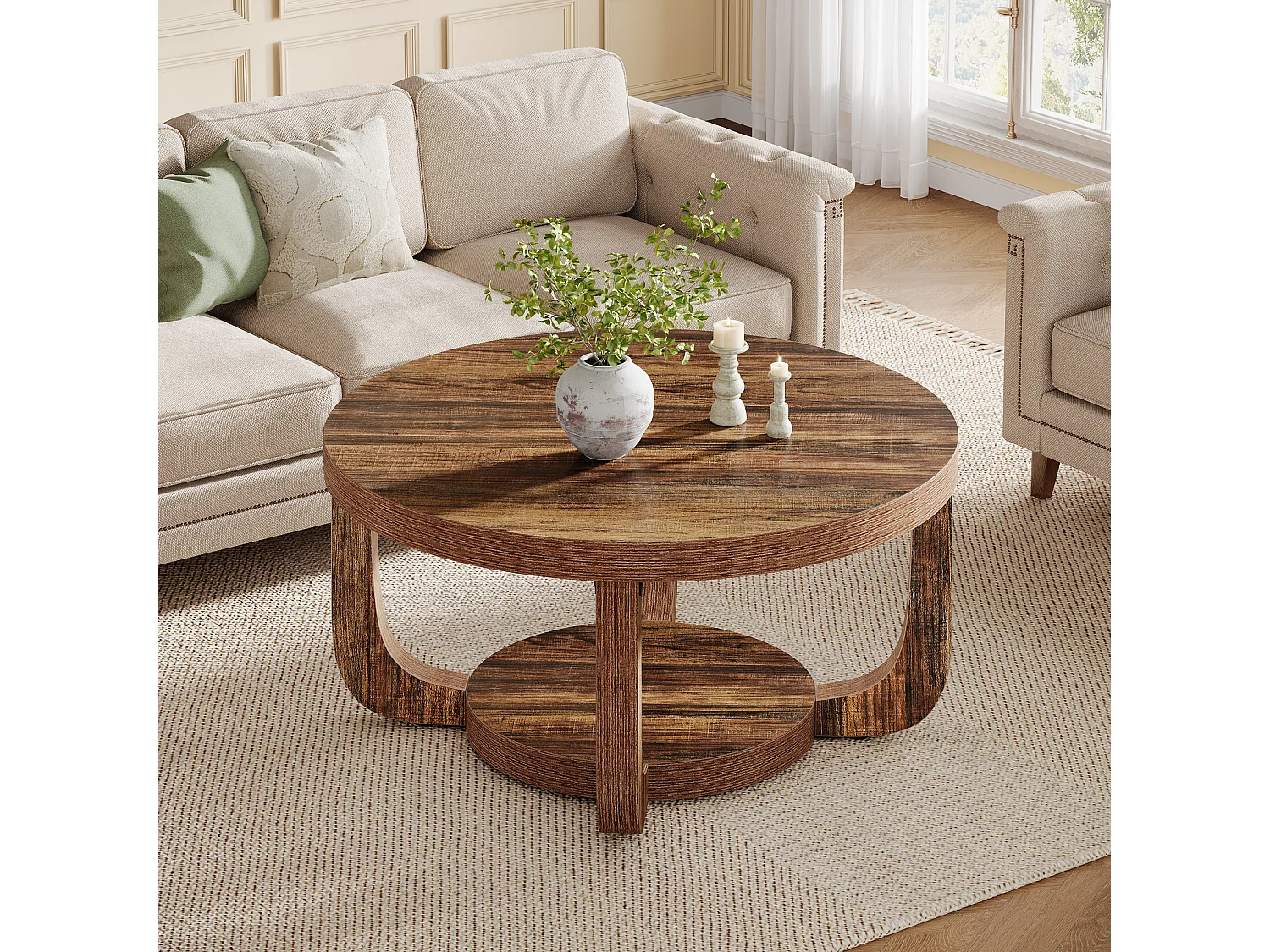 Okrągły stolik kawowy, 2-poziomowy stolik kawowy w kształcie koła ze schowkiem, nowoczesny stolik akcentowy do salonu