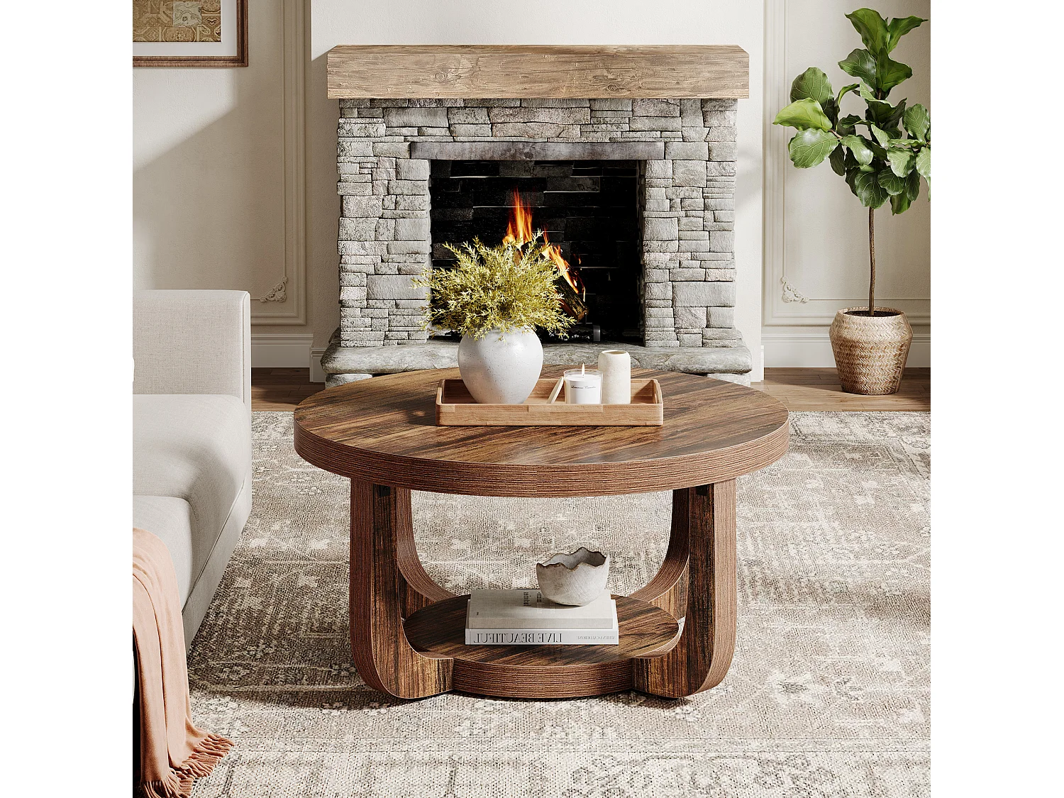 Okrągły stolik kawowy, 2-poziomowy stolik kawowy w kształcie koła ze schowkiem, nowoczesny stolik akcentowy do salonu