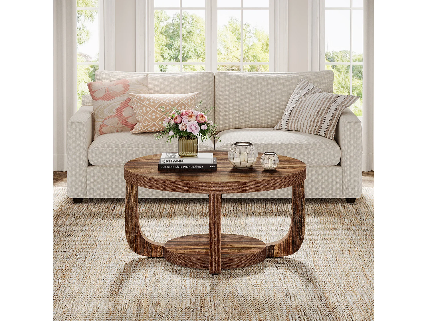 Okrągły stolik kawowy, 2-poziomowy stolik kawowy w kształcie koła ze schowkiem, nowoczesny stolik akcentowy do salonu