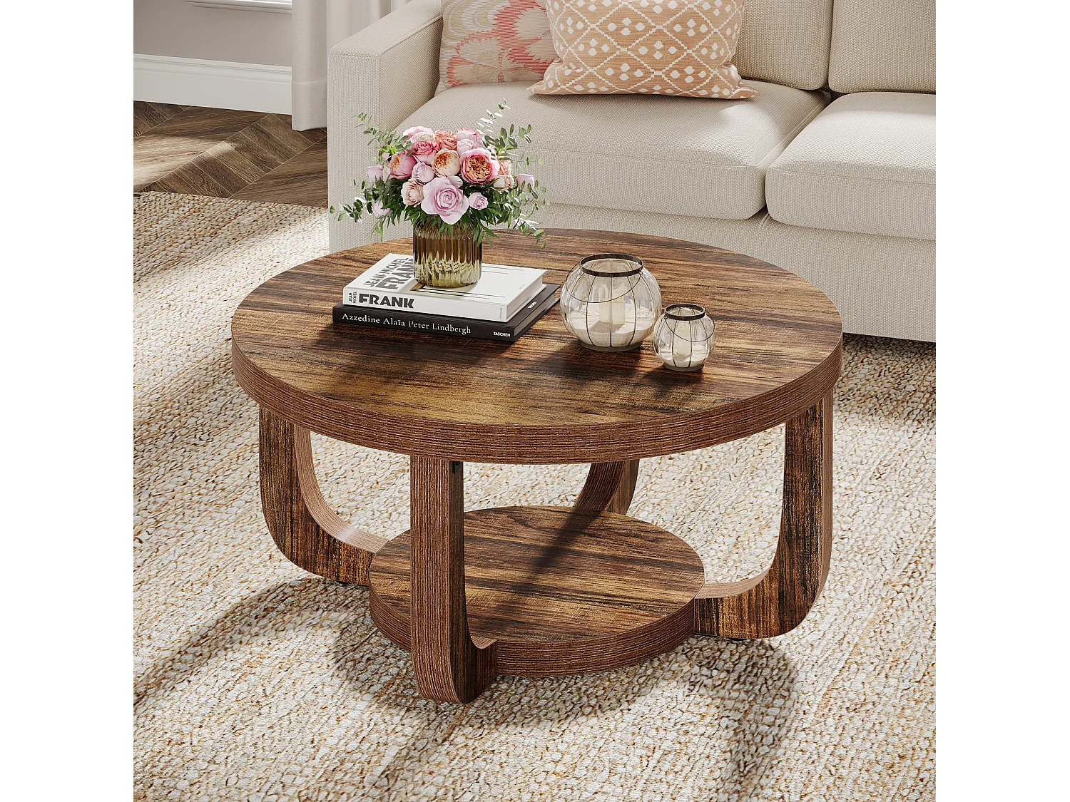 Okrągły stolik kawowy, 2-poziomowy stolik kawowy w kształcie koła ze schowkiem, nowoczesny stolik akcentowy do salonu